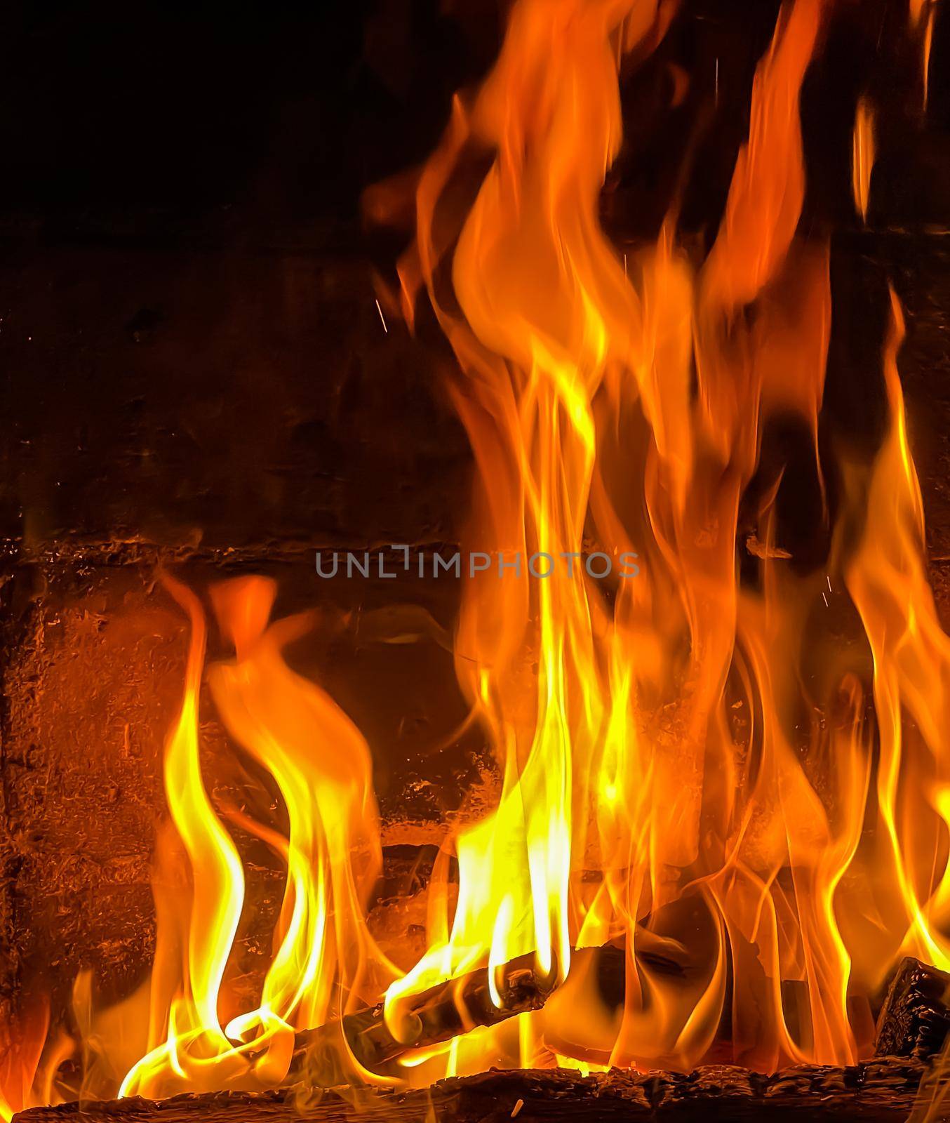 Flames of fire on a black background. Burning wood in the fireplace