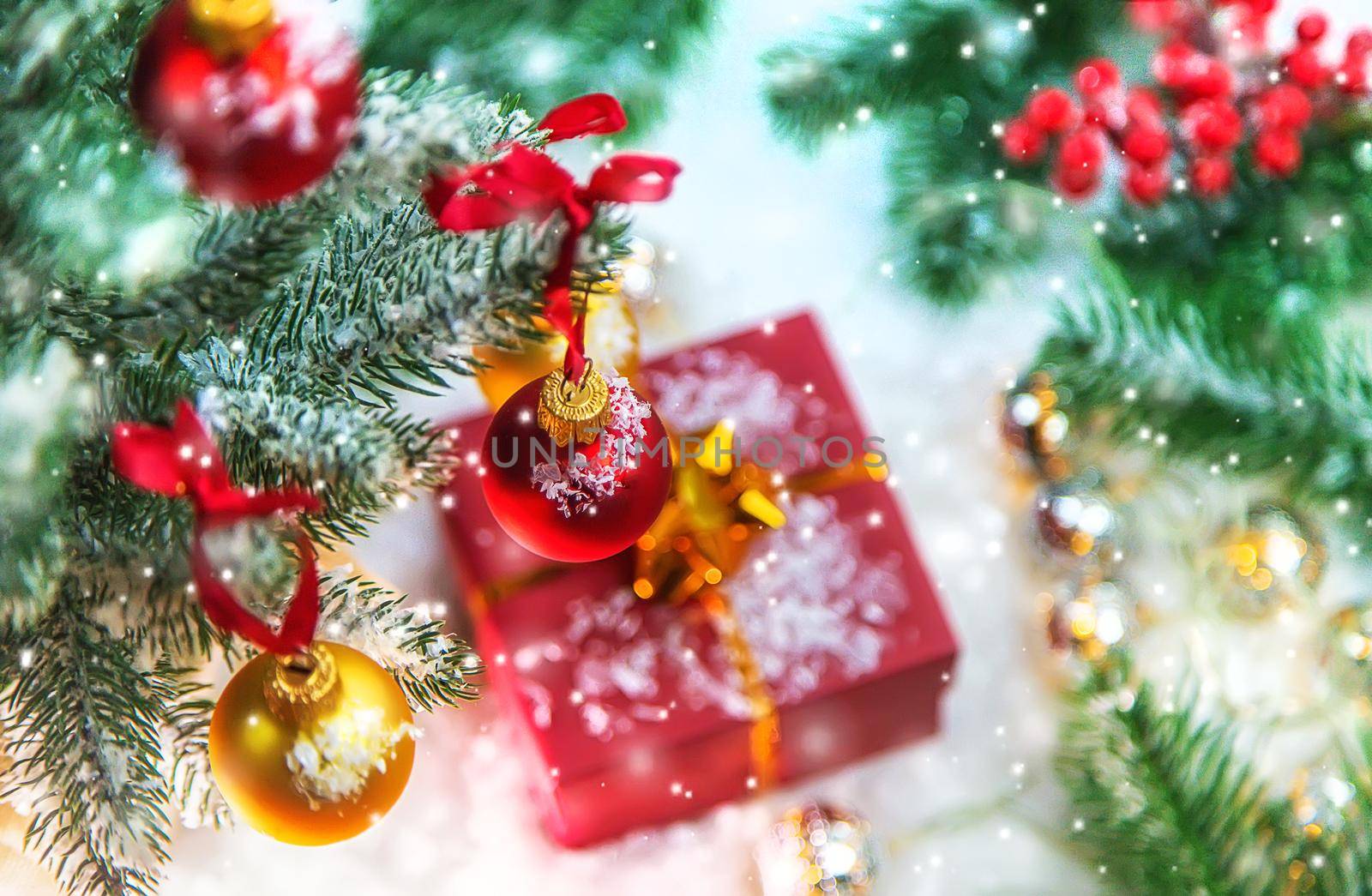 Christmas cards with snow and decor. Selective focus. New year.