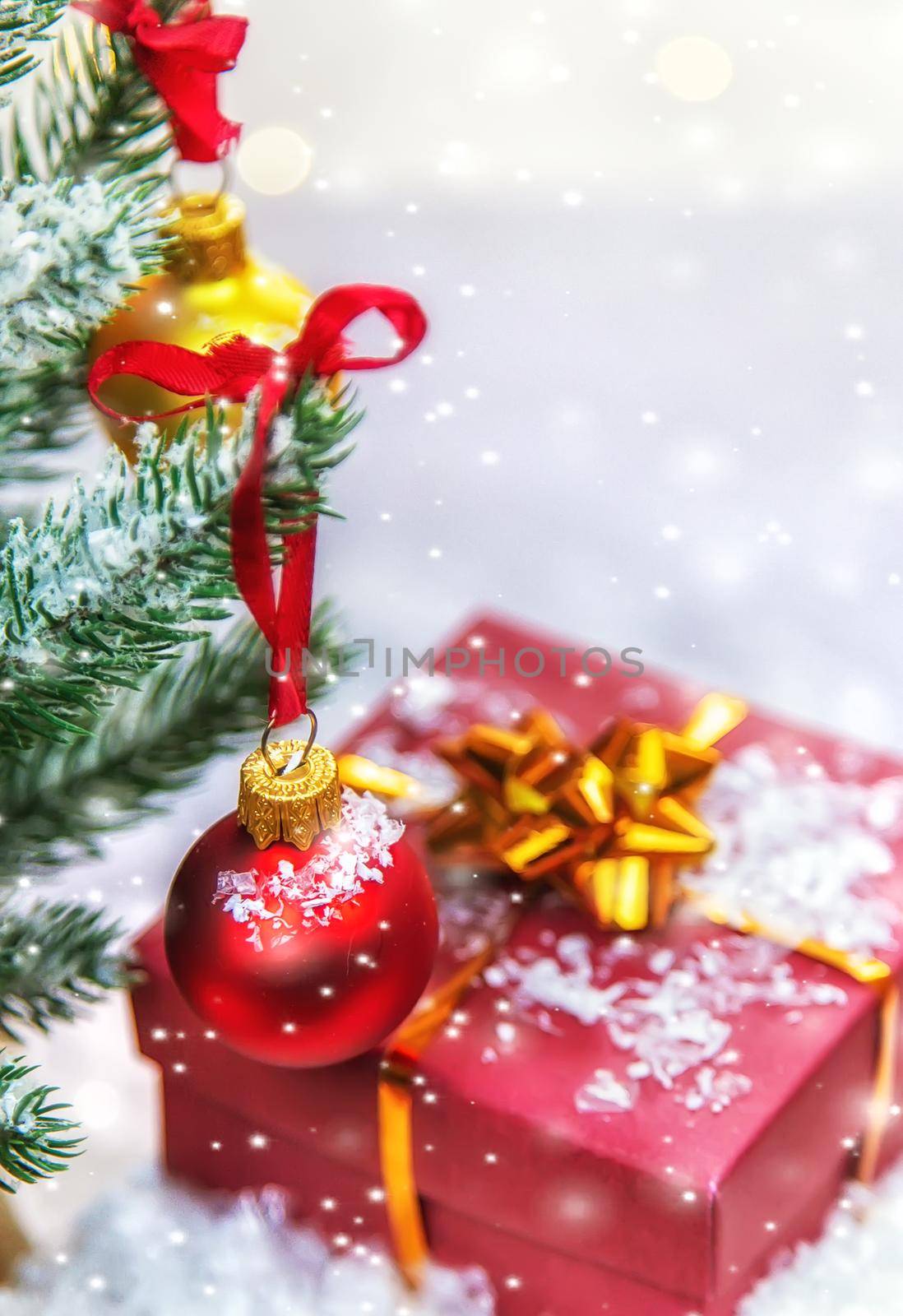 Christmas cards with snow and decor. Selective focus. New year.