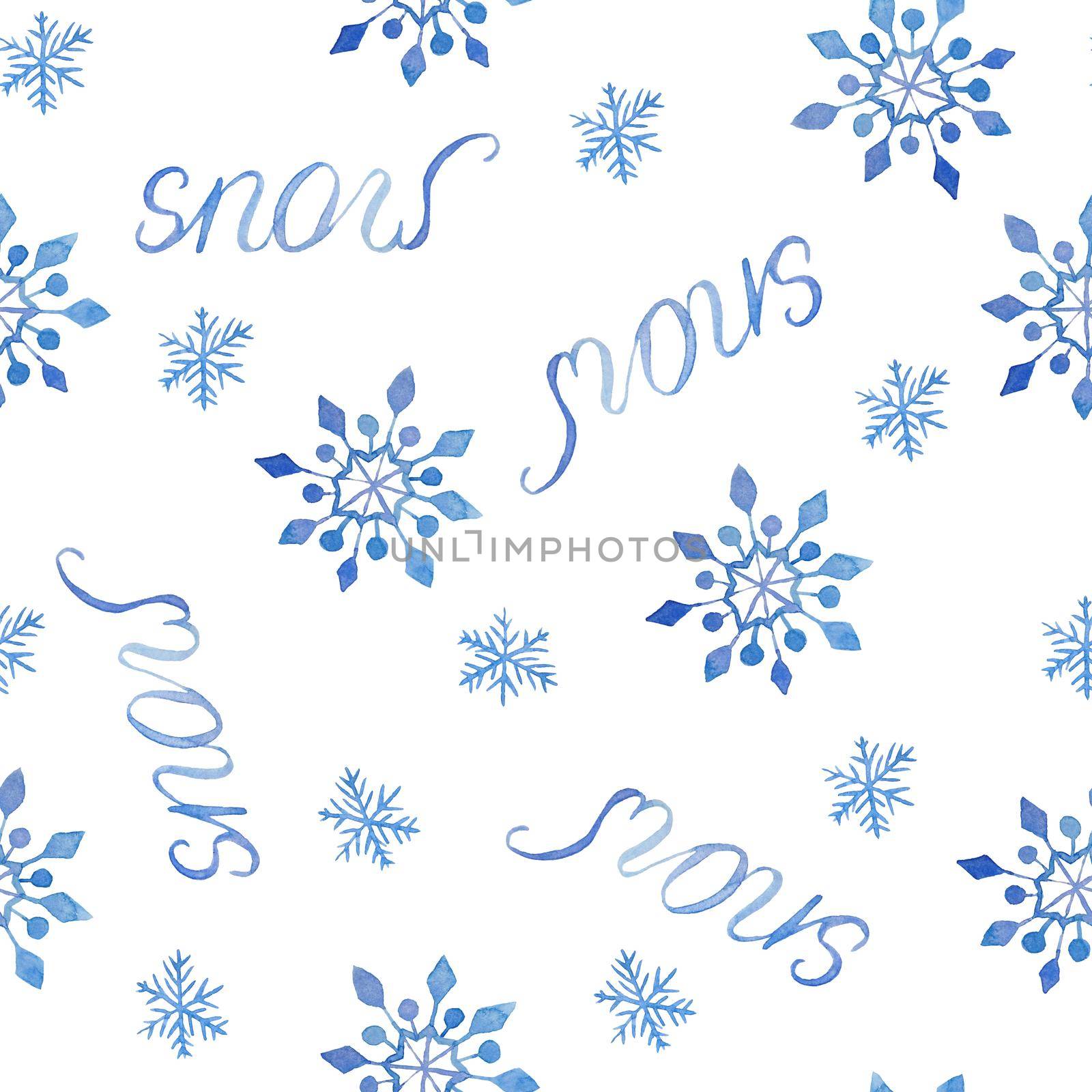 Watercolor hand drawn seamless pattern with Snow phrase writing lettering and blue snowflakes. Elegant illustration for Christmas New year cards invitations design. Electric blue snow frost pastel. Winter background. by Lagmar