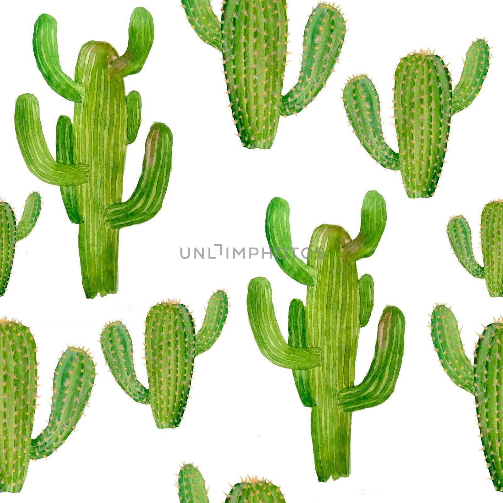 Watercolor hand drawn seamless pattern of tropical mexican cactus cacti succulents. Green natural house plants in pots botanical illsutration print interior design decoration for wallpaper textile