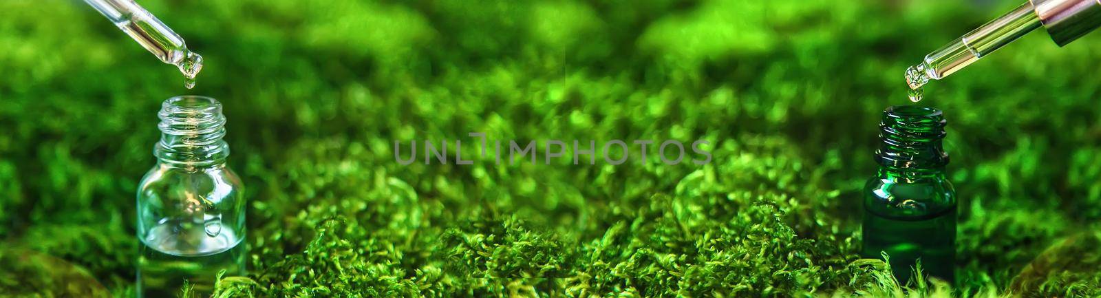 Cosmetics in a bottle and essential oils on moss. Natural spa. Selective focus. by yanadjana