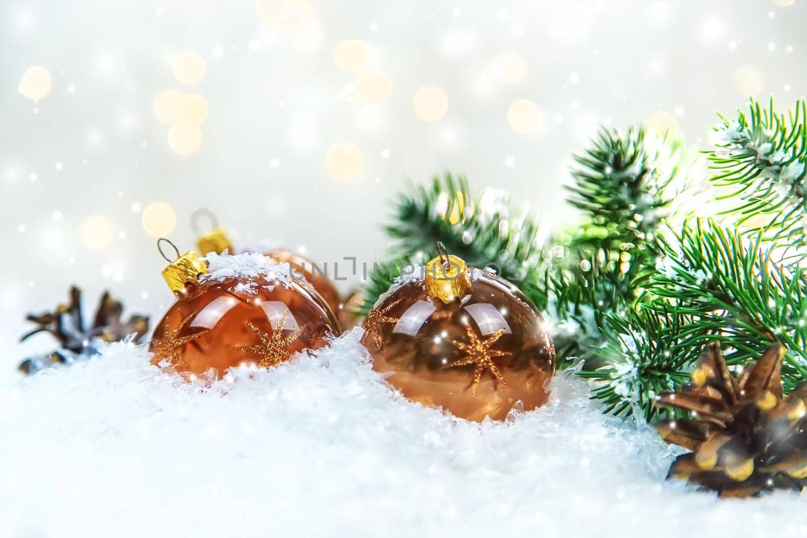 Christmas cards with snow and decor. Selective focus. New year.