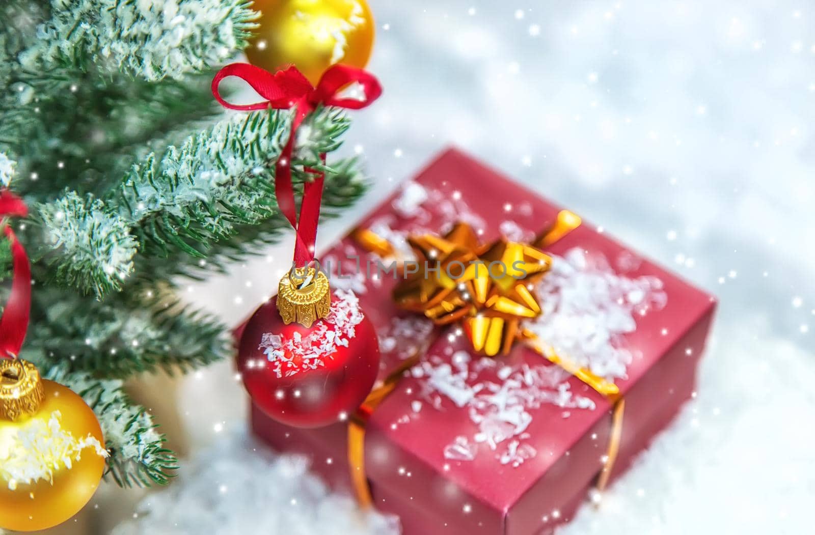 Christmas cards with snow and decor. Selective focus. New year.
