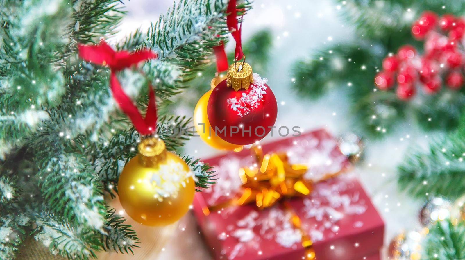 Christmas cards with snow and decor. Selective focus. New year.