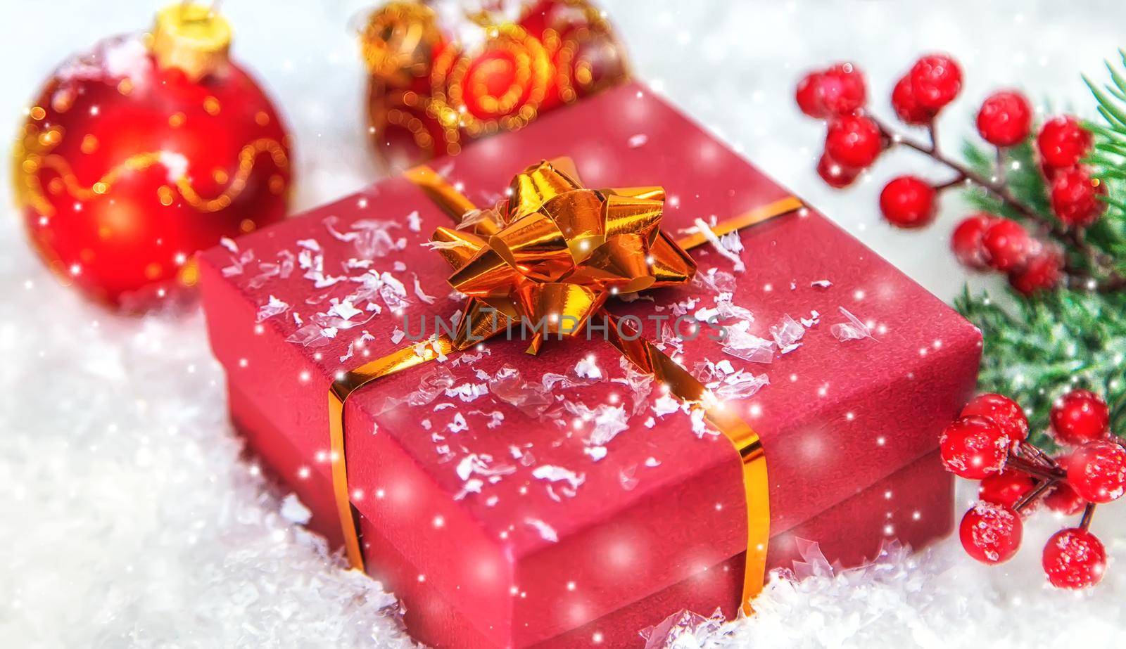Christmas cards with snow and decor. Selective focus. New year.