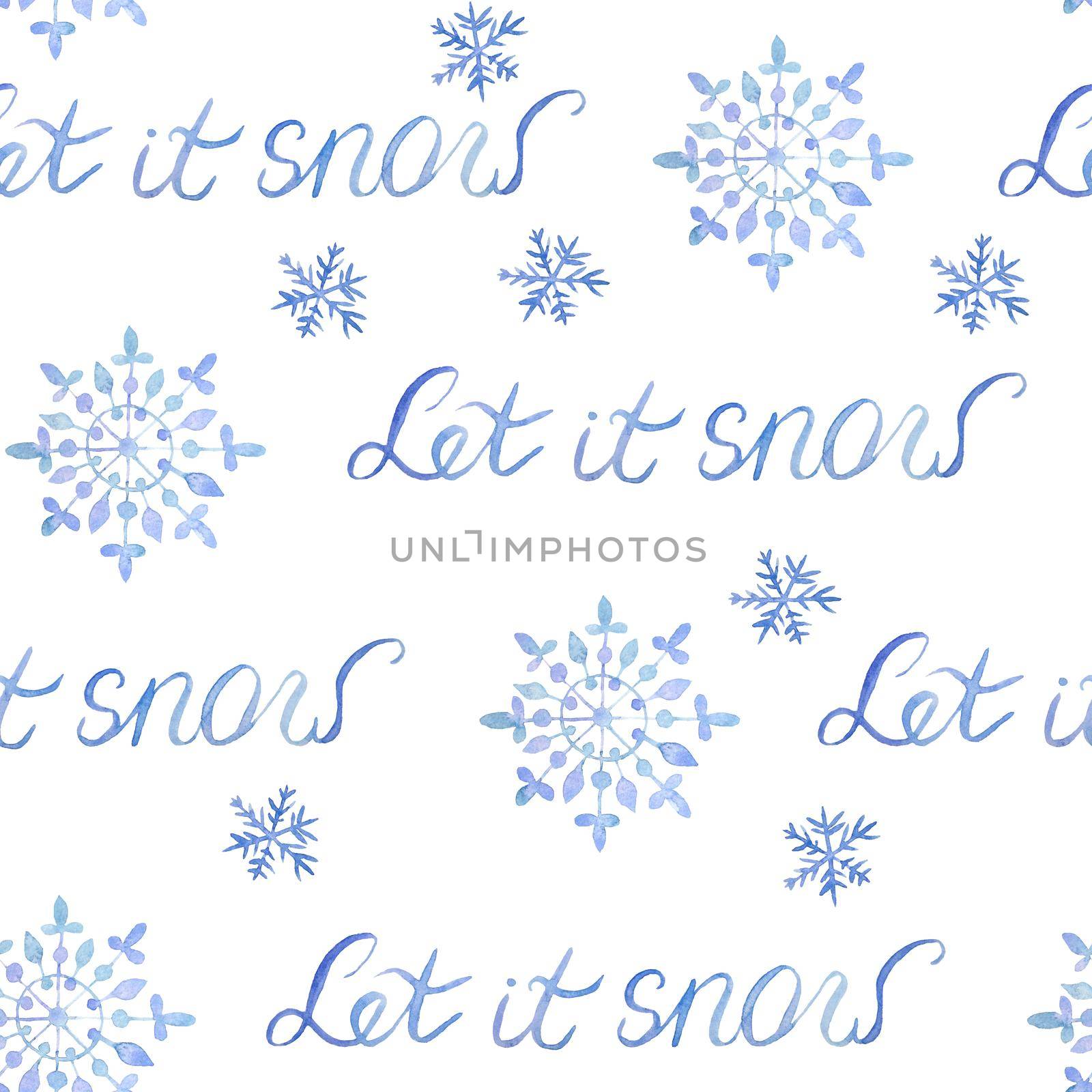 Watercolor hand drawn seamless pattern with Let It Snow phrase lettering and blue snowflakes. Elegant illustration for Christmas New year cards invitations design. Electric blue snow frost pastel. Winter background. by Lagmar