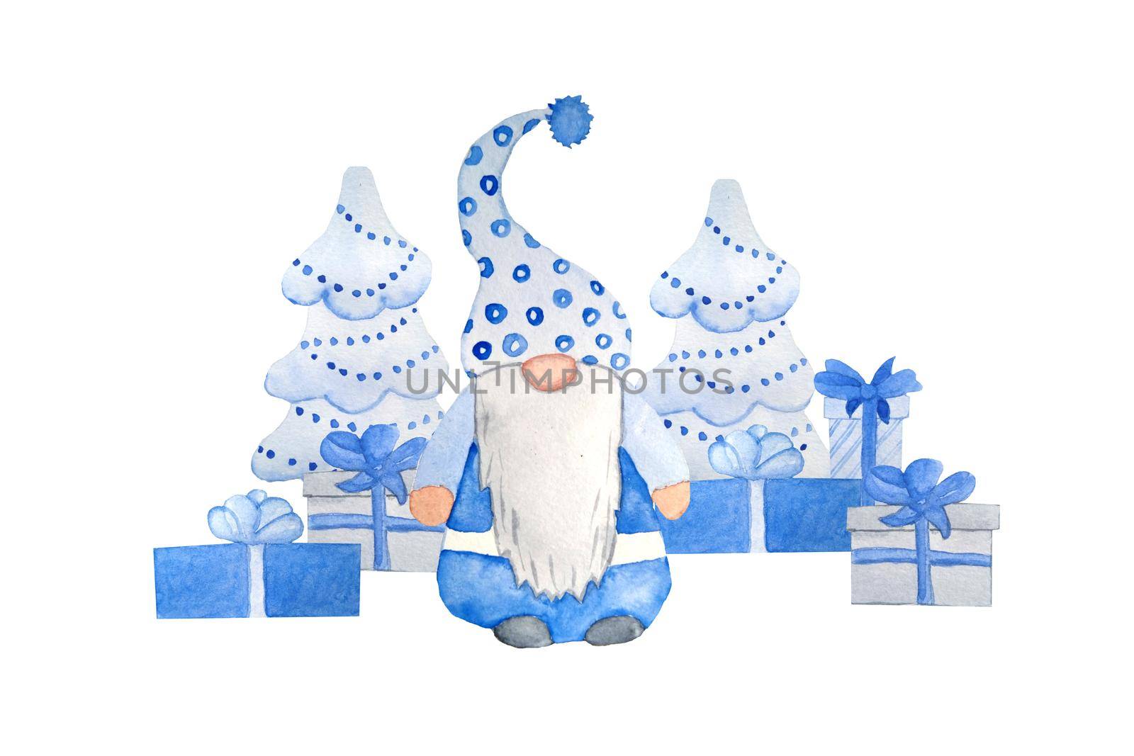 Watercolor hand drawn illustration of Christmas nordic scandinavian gnome gifts. Design for new year cards invitations in neutral blue grey. Christmas tree presents gifts ornament decoration cartoon. by Lagmar