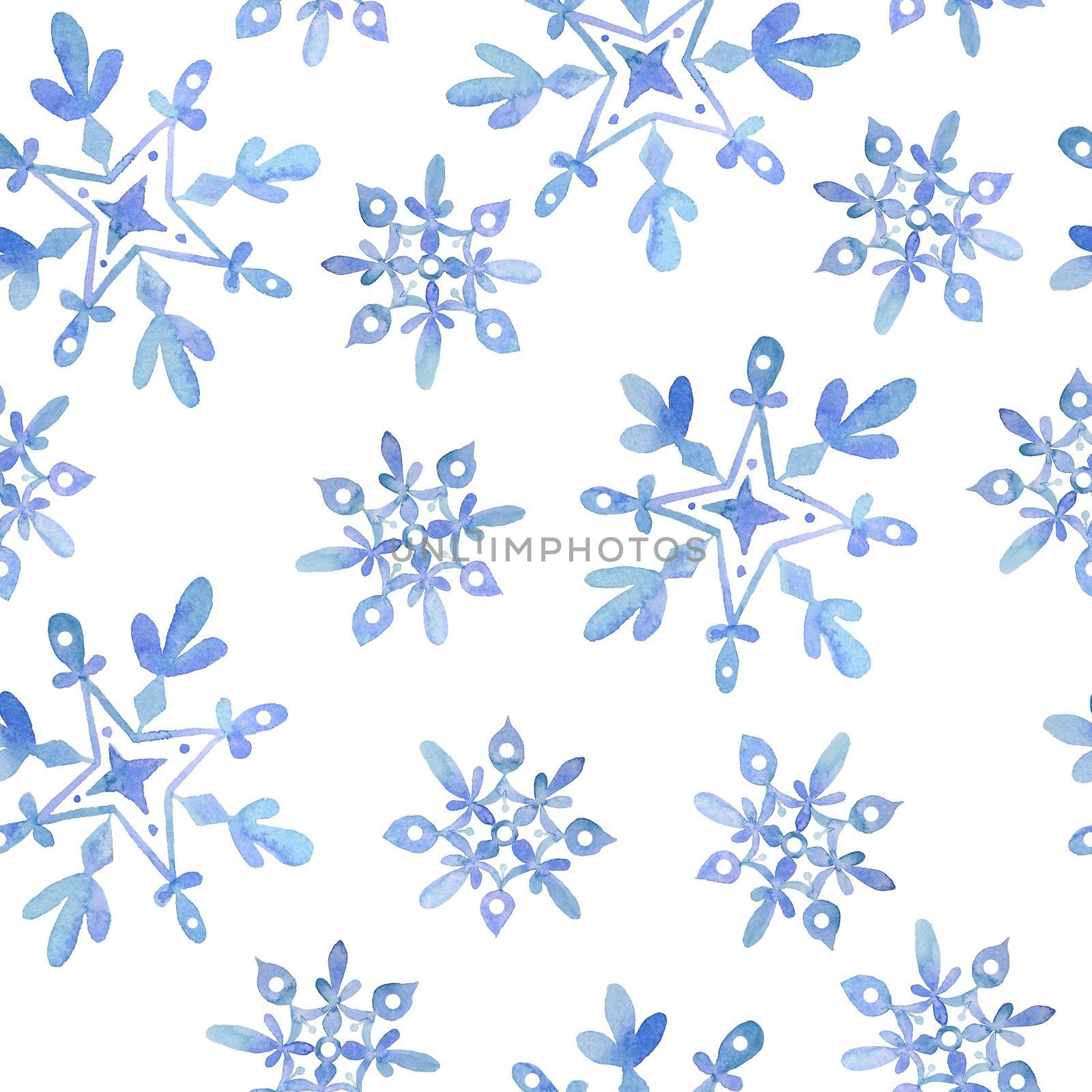 Watercolor hand drawn seamless pattern with blue elegant snowflakes for Christmas new year design wrapping paper textile. Electric blue snow frost pastel invitation celebration. Winter background. by Lagmar