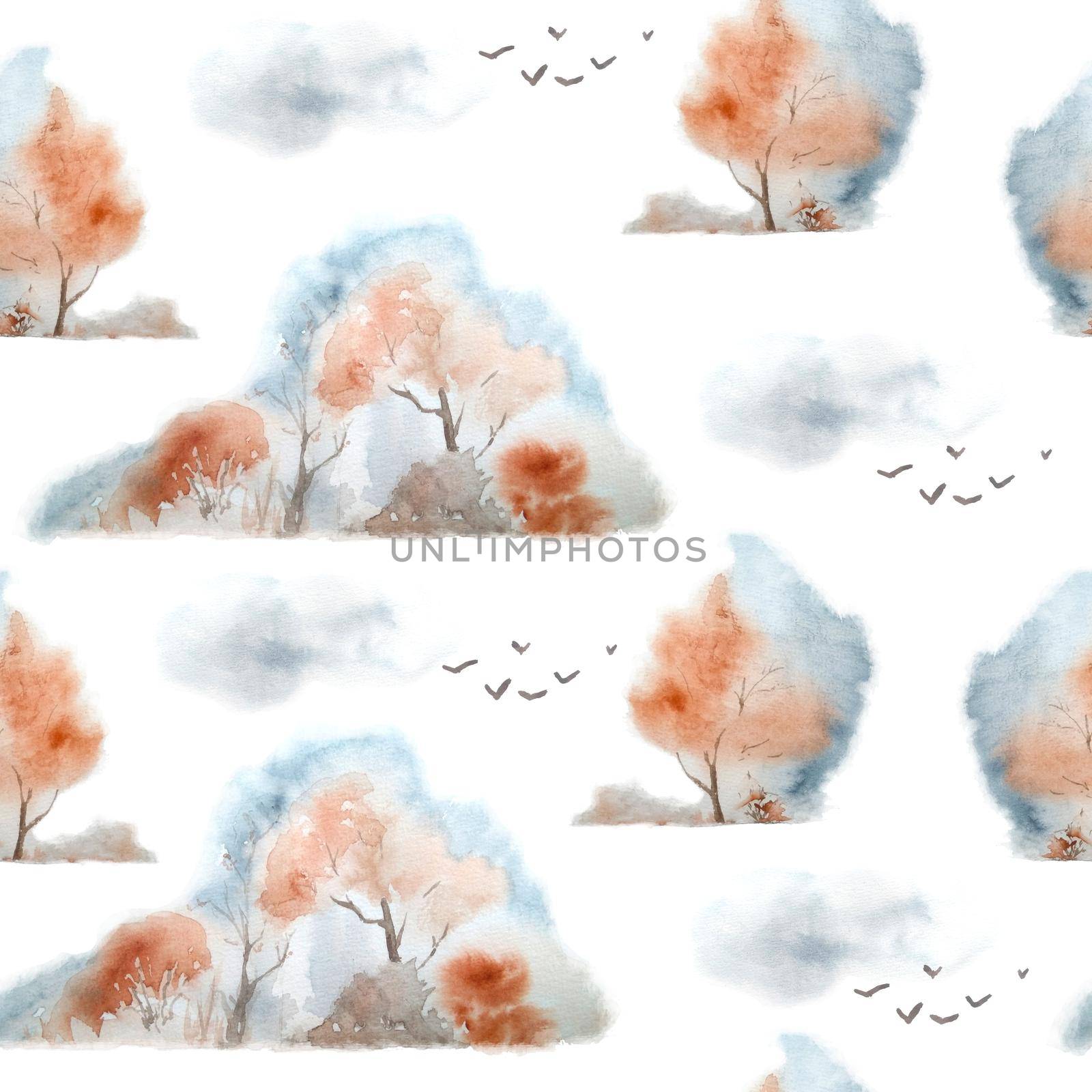 seamless watercolor hand drawn elegant pattern trendy forest natural calm fall autumn trees landscape. Brown red ochre indigo blue colors flying birds woodland nature lovers rustic wildlife foggy misty. by Lagmar