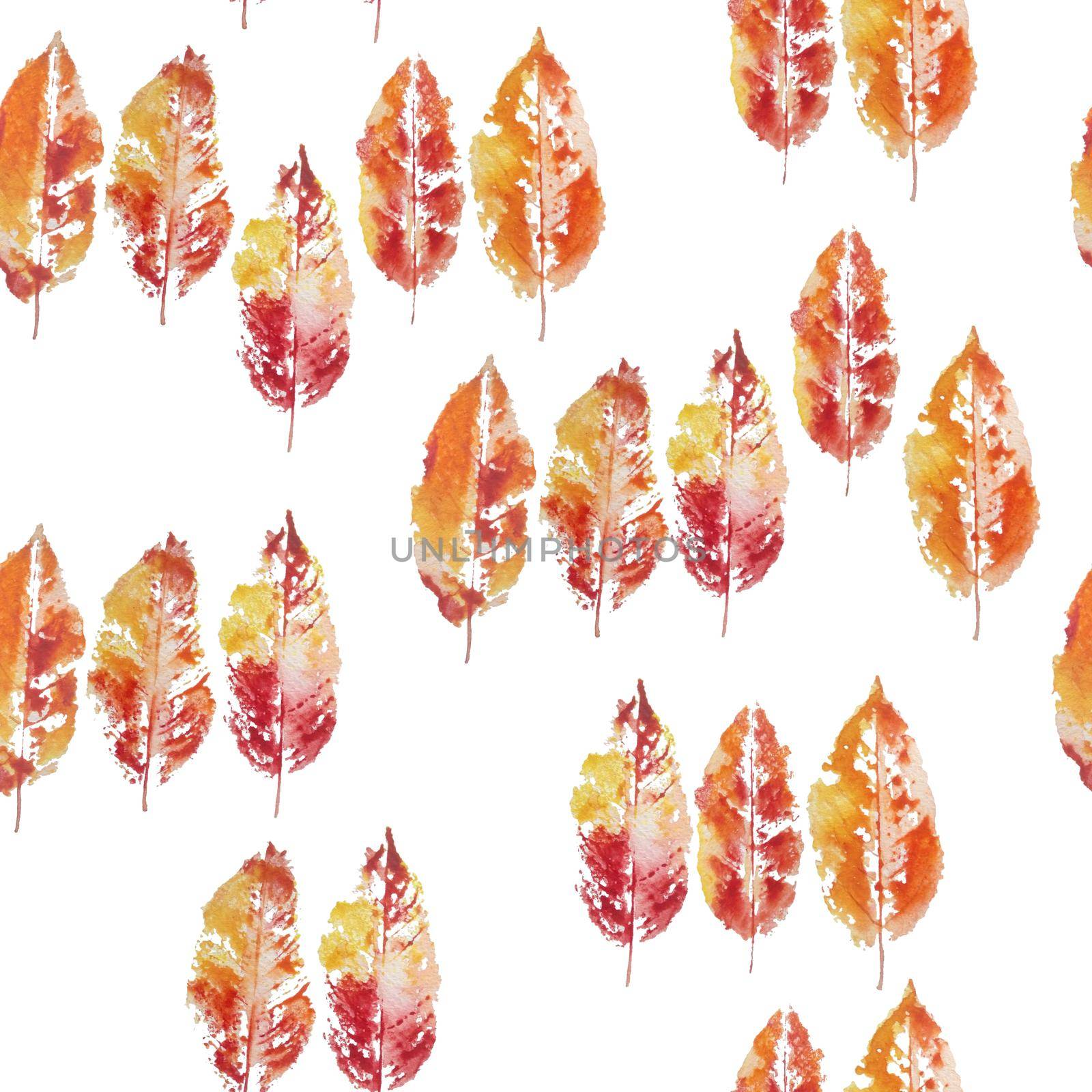 seamless watercolor hand drawn pattern of stamp imprint grunge fall autumn leaf leaves. Bright orange yellow red color with clouds cloudy sky natural forest wood for nature lovers woodland foliage .