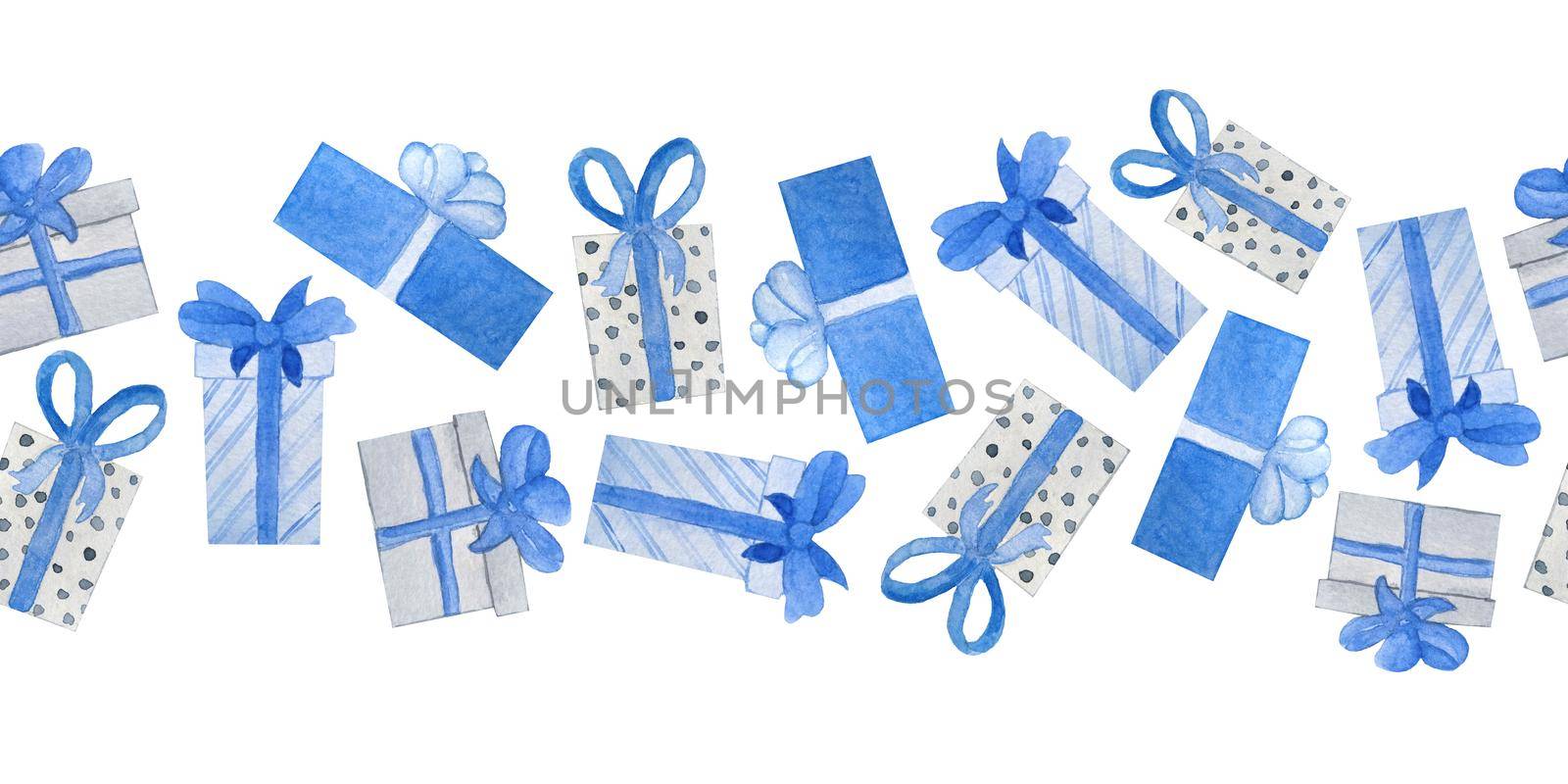 Watercolor seamless hand drawn horizontal border blue grey christmas gifts in decor wrapping paper with bows. Nordic scandinavian neutral colors for new year celebration cards background. Box with bows