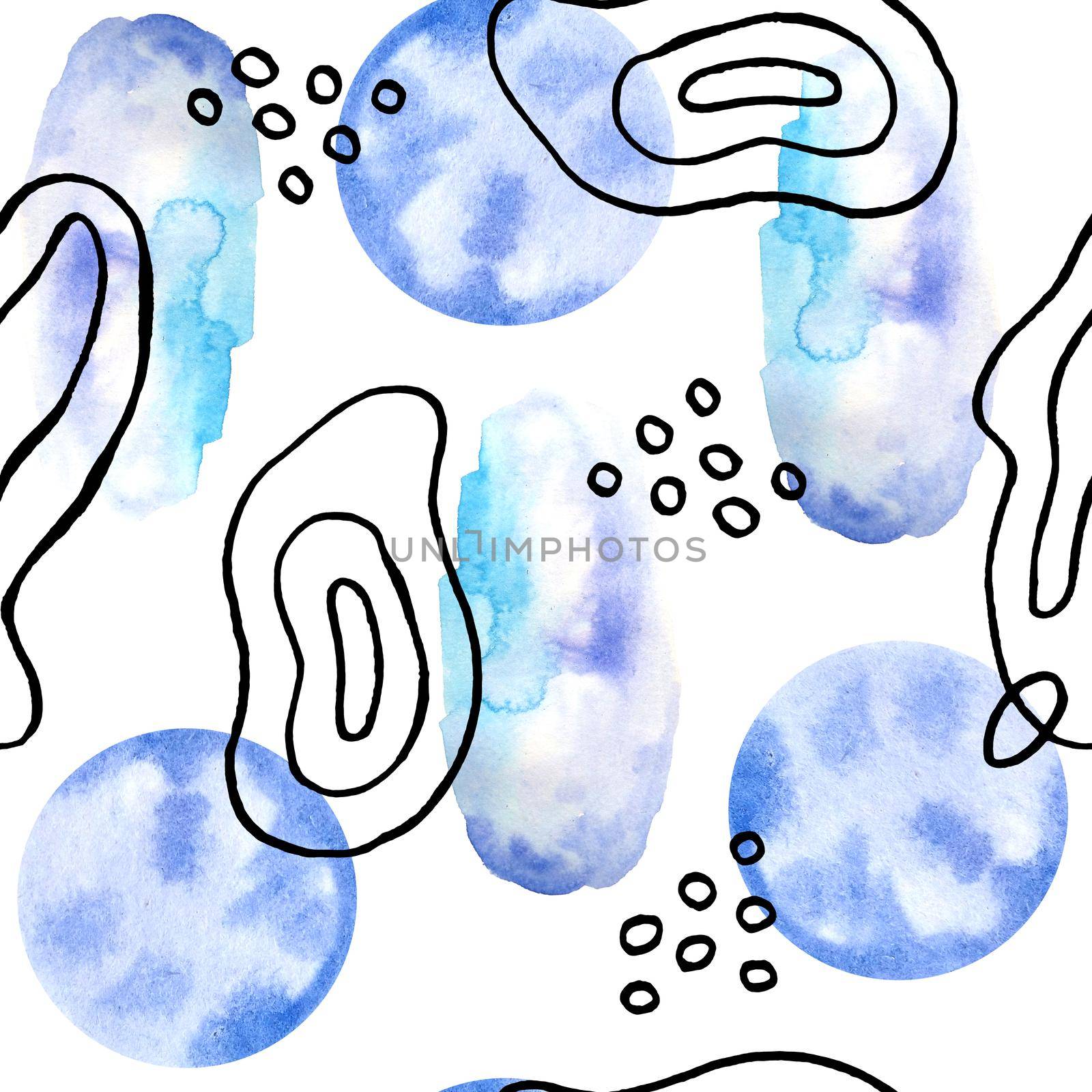 seamless hand drawn black white blue trendy contemporary graphic pattern with groups of abstract turquoise shapes spirals and watercolor polka dot circles. Doodles for textile wallpaper wrapping paper. by Lagmar