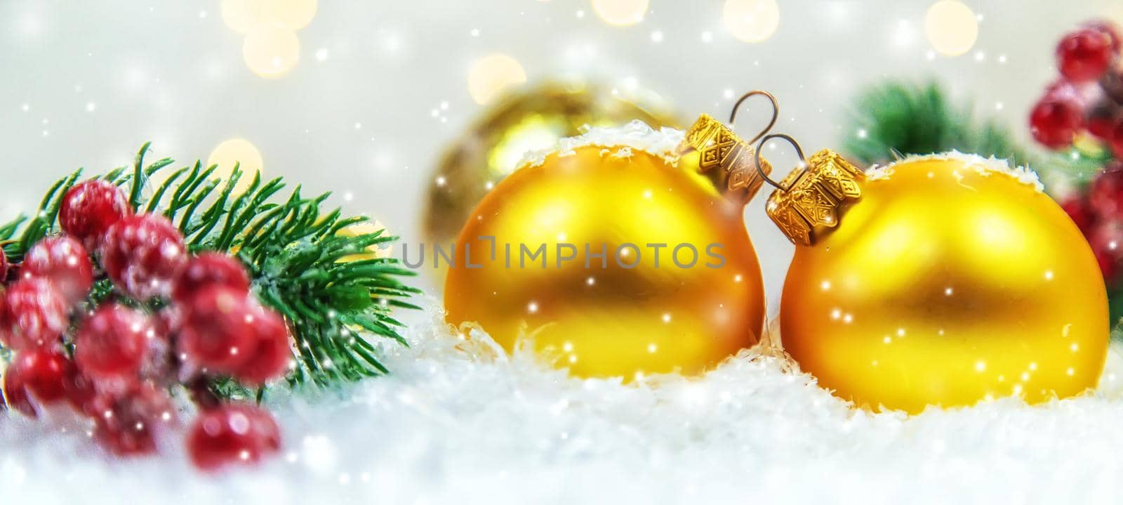 Christmas cards with snow and decor. Selective focus. by yanadjana