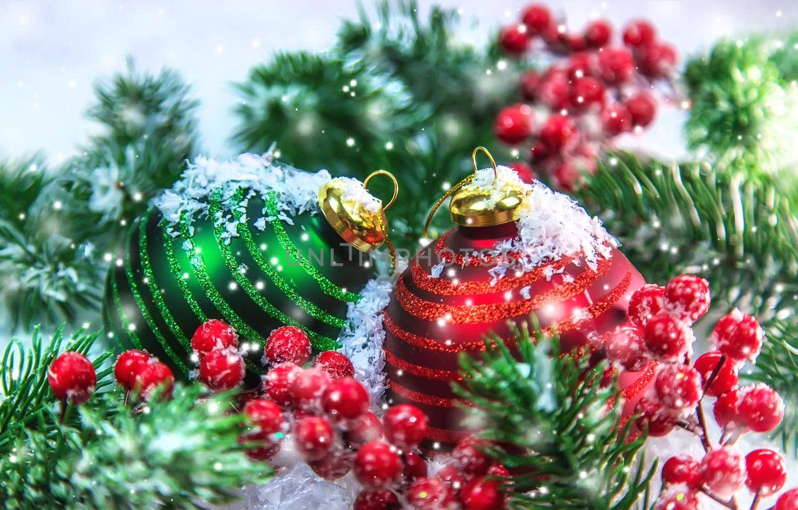 Christmas cards with snow and decor. Selective focus. by yanadjana