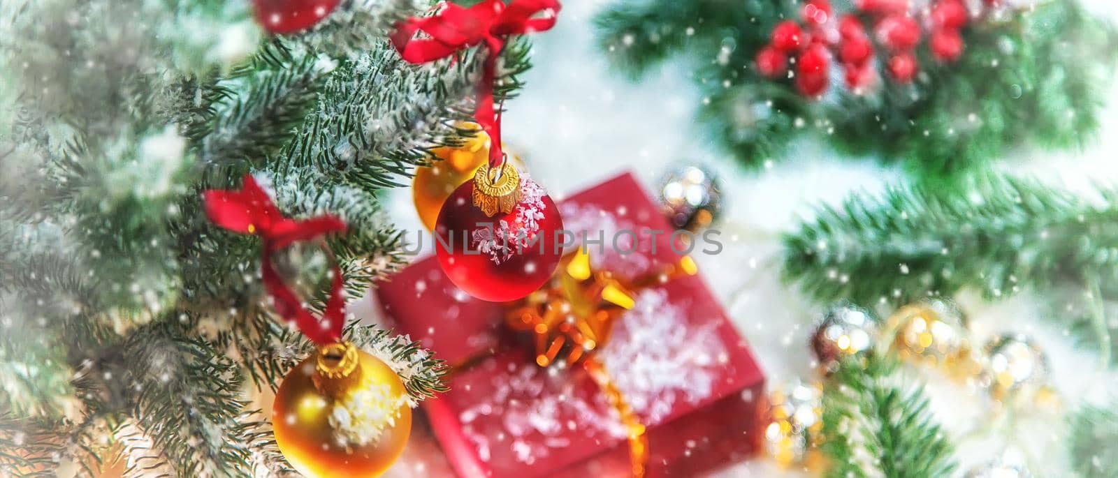 Christmas cards with snow and decor. Selective focus. New year.