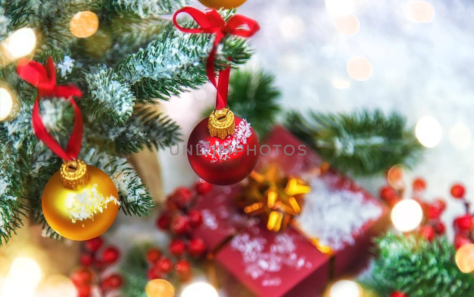 Christmas cards with snow and decor. Selective focus. New year.