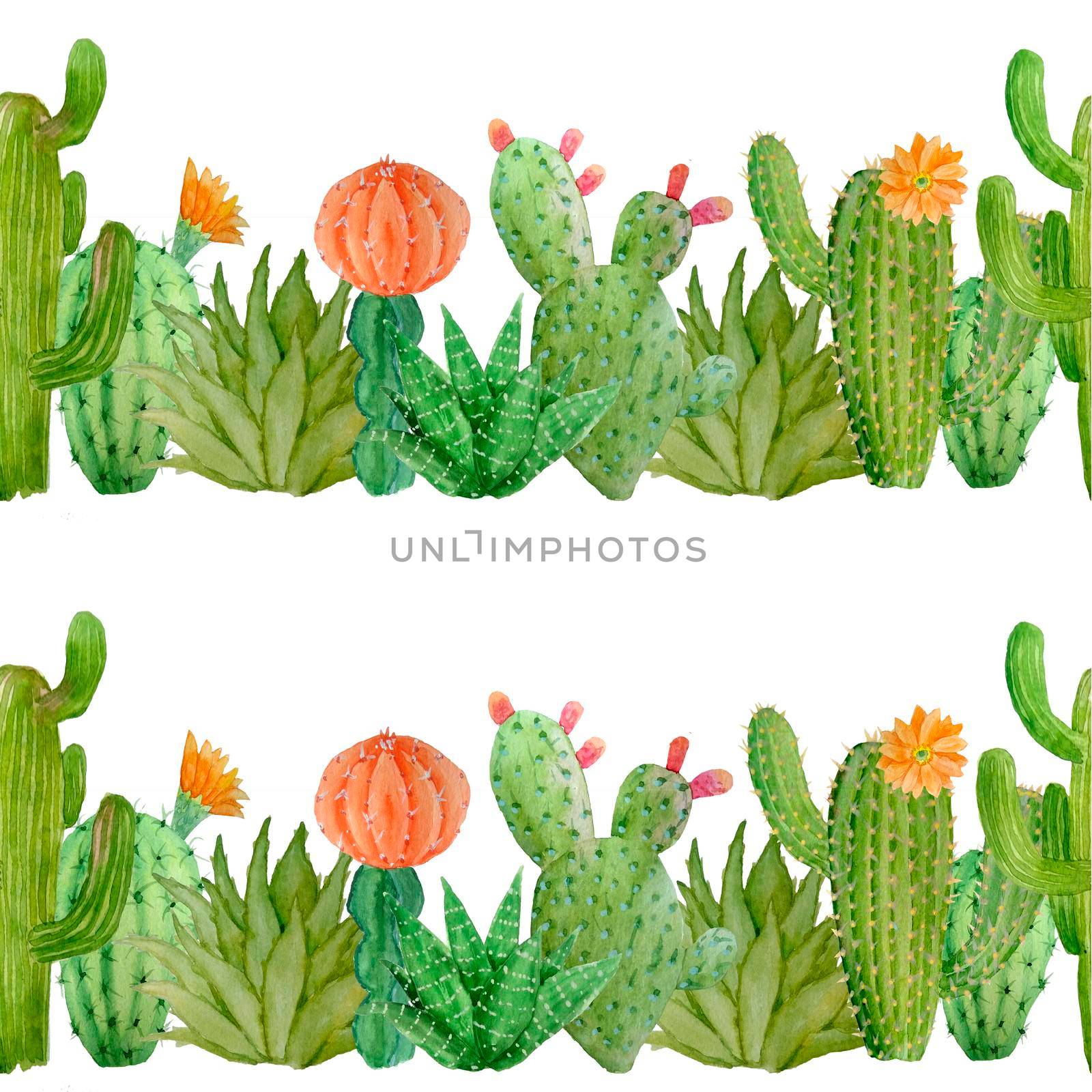 Watercolor hand drawn seamless pattern of tropical mexican cactus cacti succulents. Green natural house plants in pots botanical illsutration print interior design decoration for wallpaper textile. by Lagmar