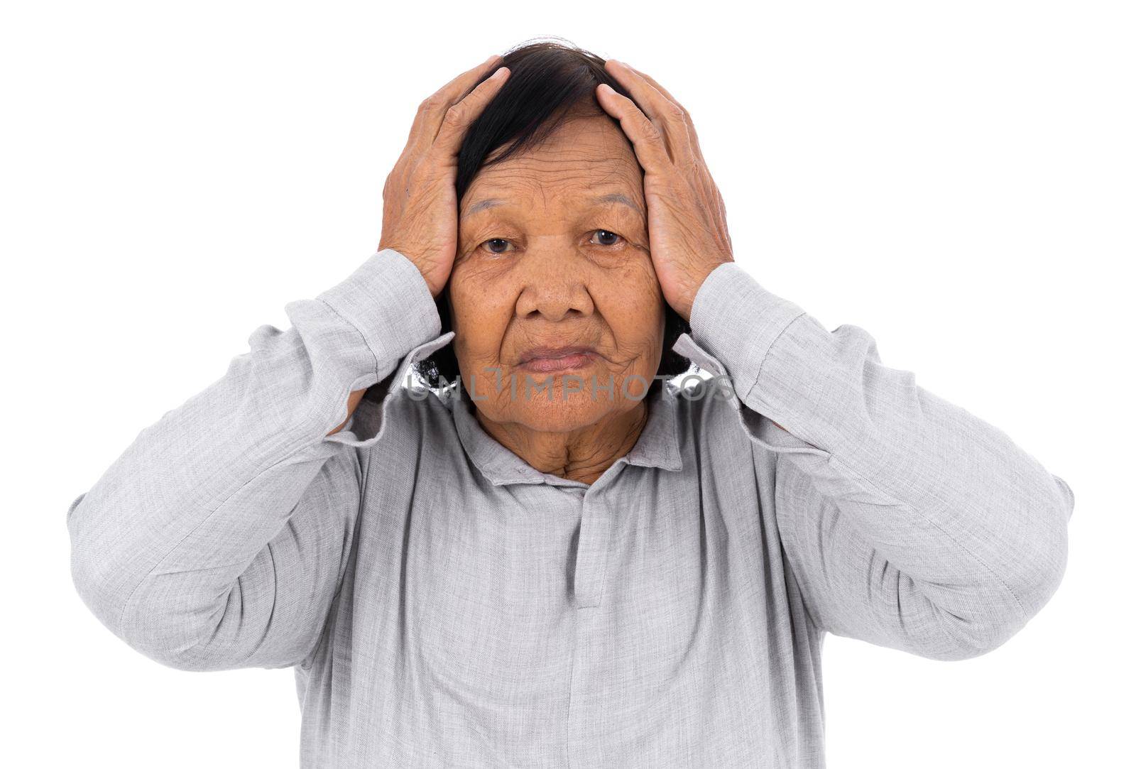 senior woman feel headache isolated on a white background