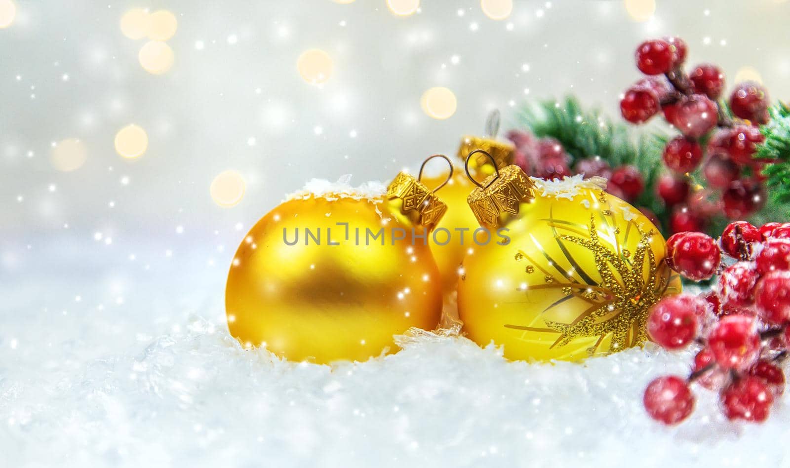 Christmas cards with snow and decor. Selective focus. by yanadjana