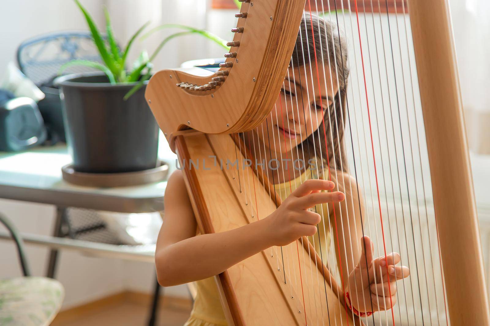 The child plays the harp. Selective focus. Kid.