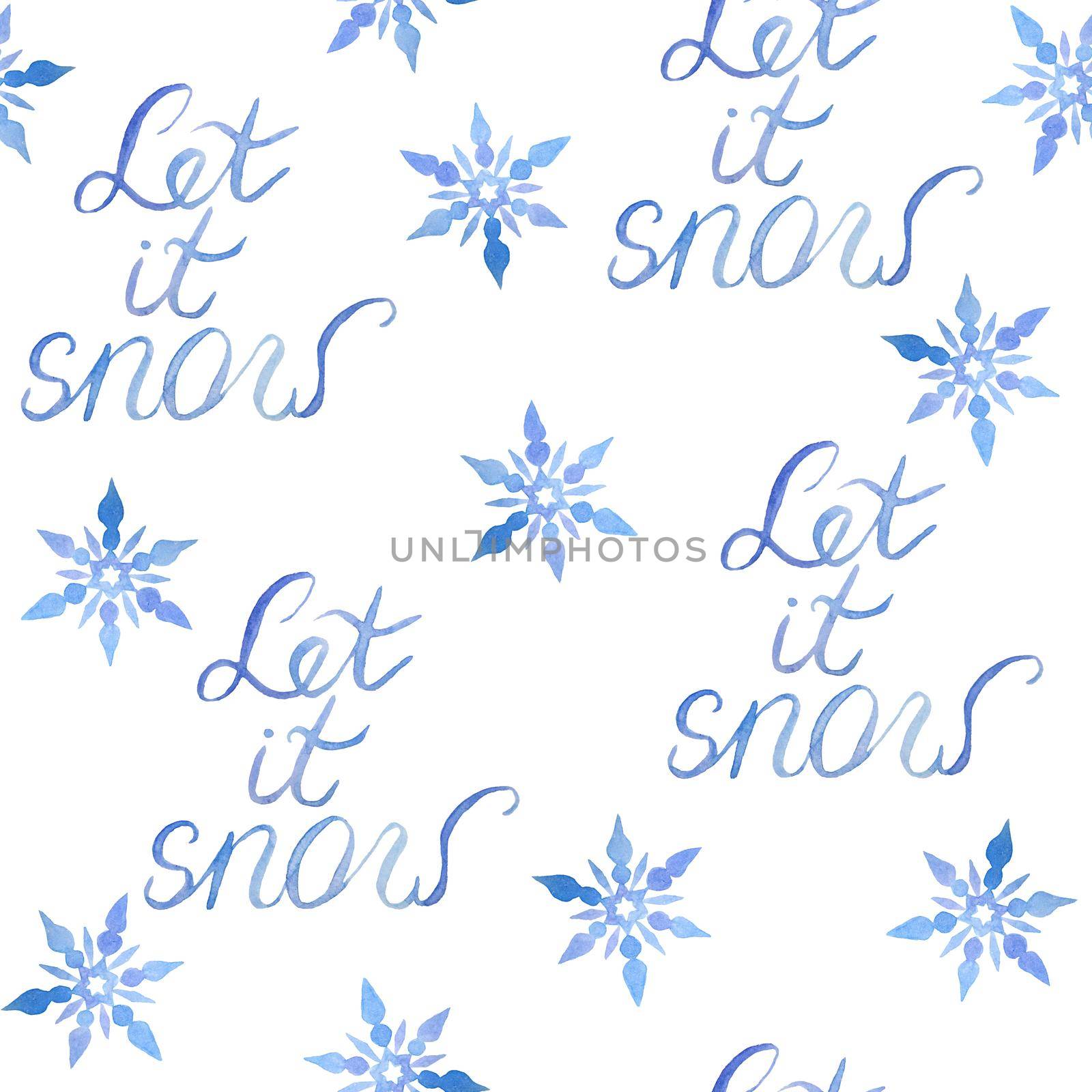 Watercolor hand drawn seamless pattern with Let It Snow phrase lettering and blue snowflakes. Elegant illustration for Christmas New year cards invitations design. Electric blue snow frost pastel. Winter background