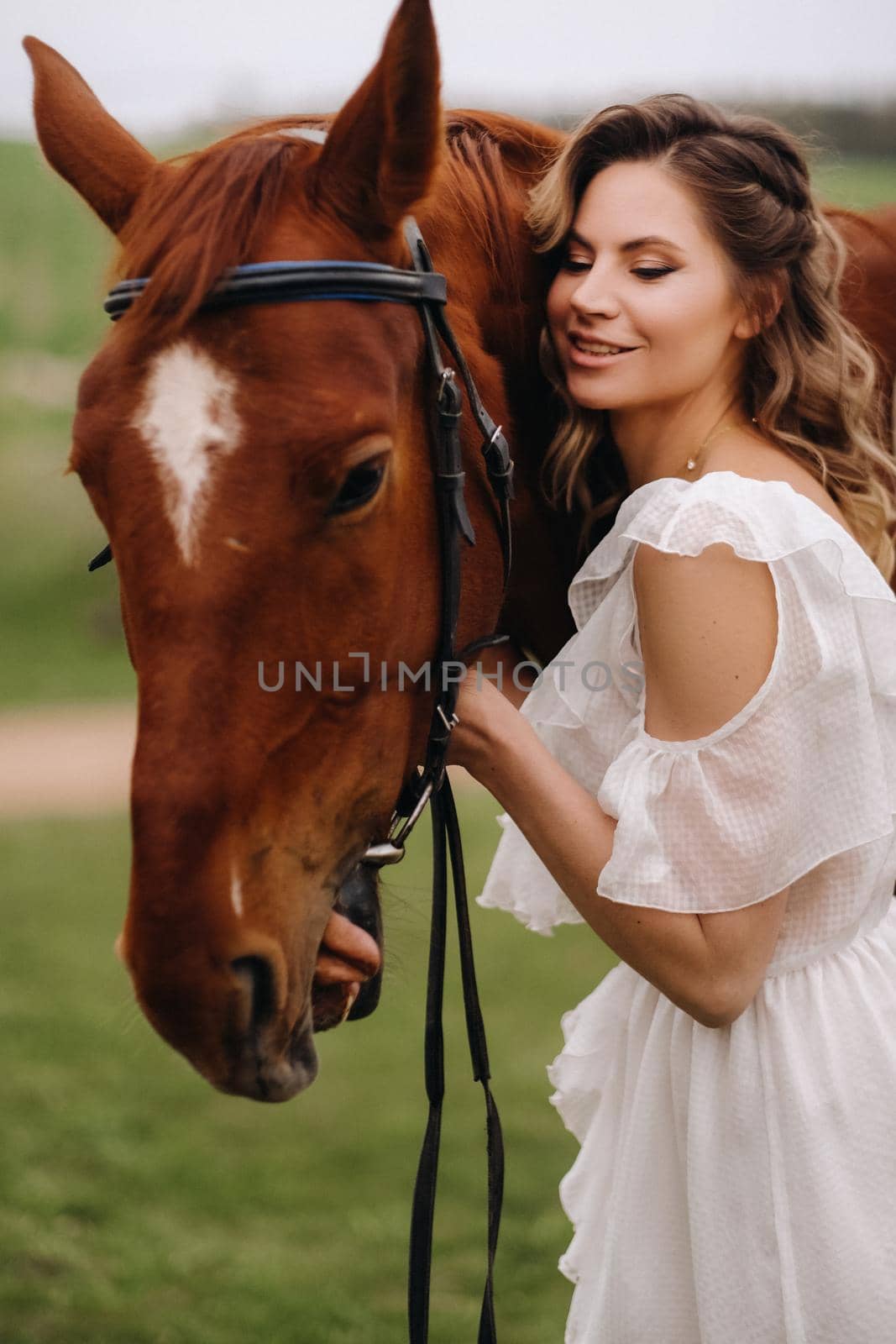 A girl in a white sundress stands next to a brown horse in a field in summer by Lobachad