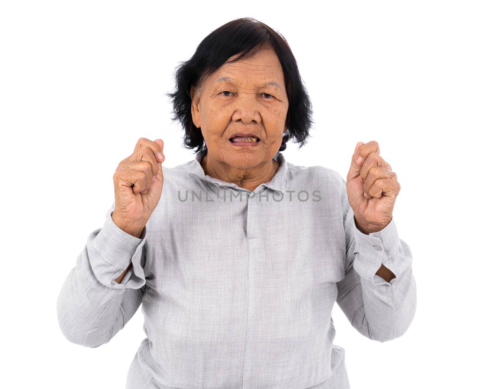 senior woman scared and shocked isolated on white background by geargodz