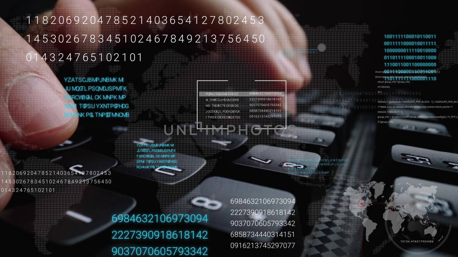 Man working on laptop computer keyboard with graphic user interface GUI hologram showing concepts of big data science technology, digital network connection and computer programming algorithm.
