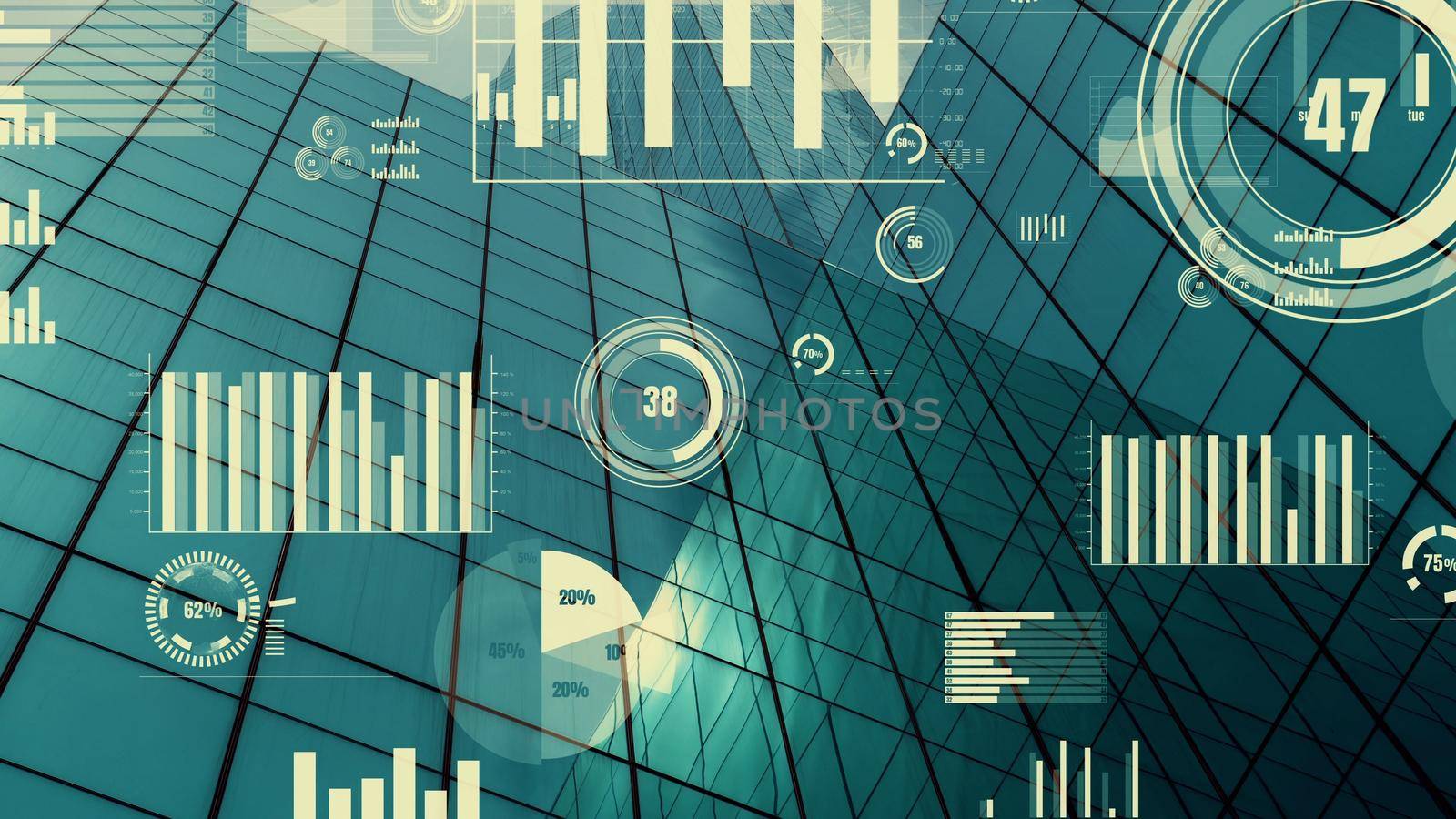 Business data analytic interface fly over smart city showing alteration future of business intelligence. Computer software and artificial intelligence are used to analyze big data for strategic plan .