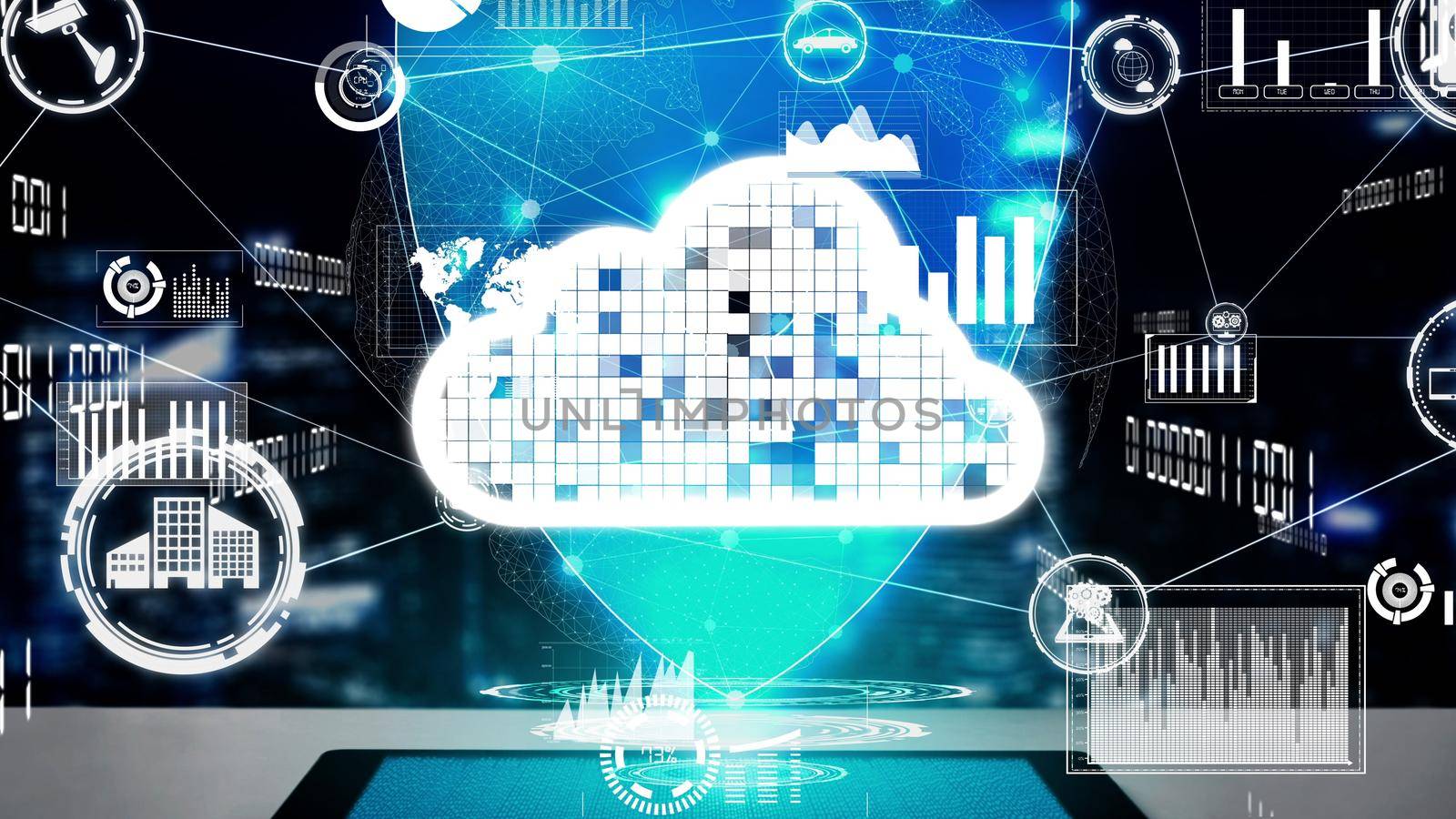 Conceptual cloud computing and data storage technology for future innovation . 3D render computer graphic .