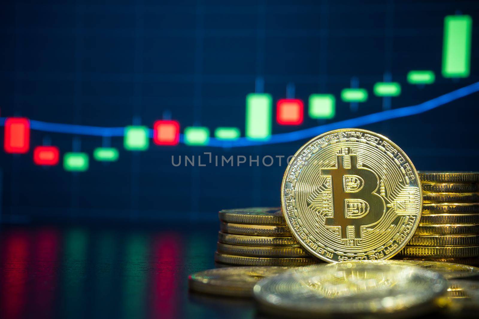 Bitcoin and cryptocurrency trading system concept - Image of Physical bitcoin pile against market price chart as blur background.