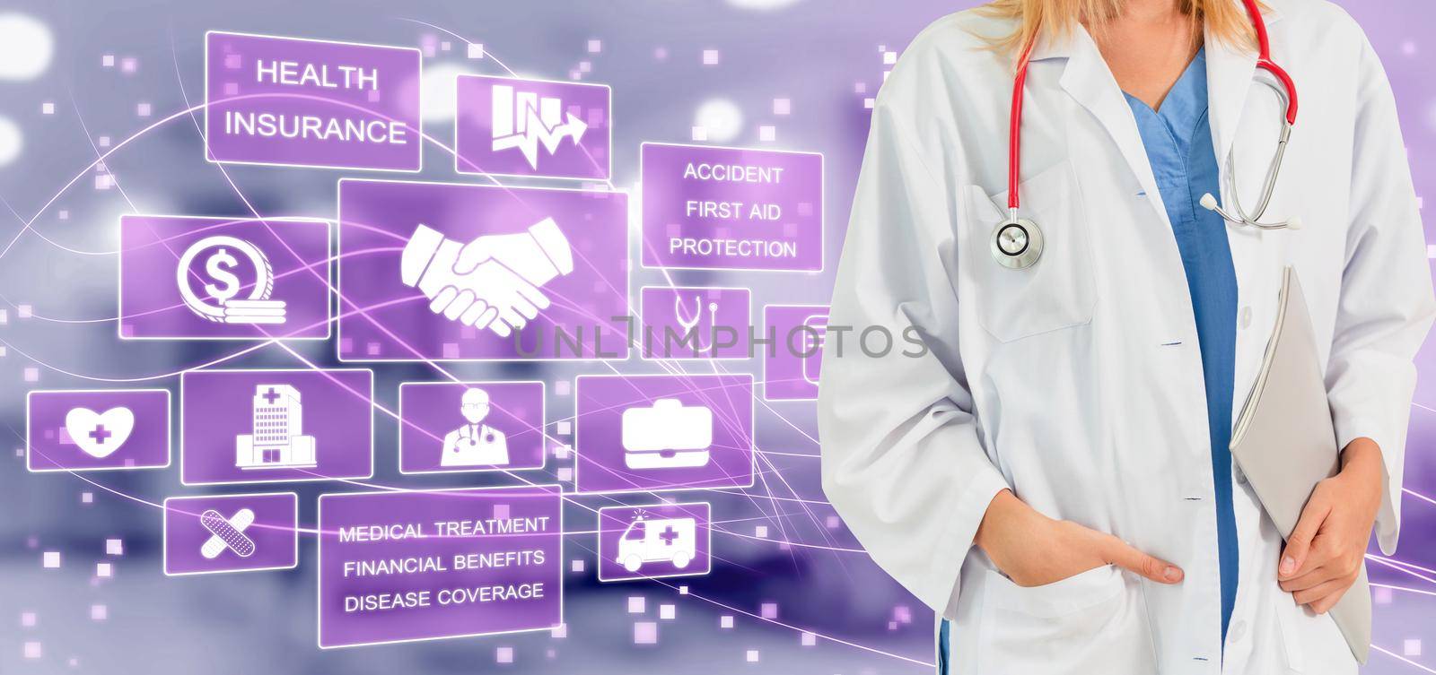 Health Insurance Concept - Doctor in hospital with health insurance related icon graphic interface showing healthcare people, money planning, risk management, medical treatment and coverage benefit.