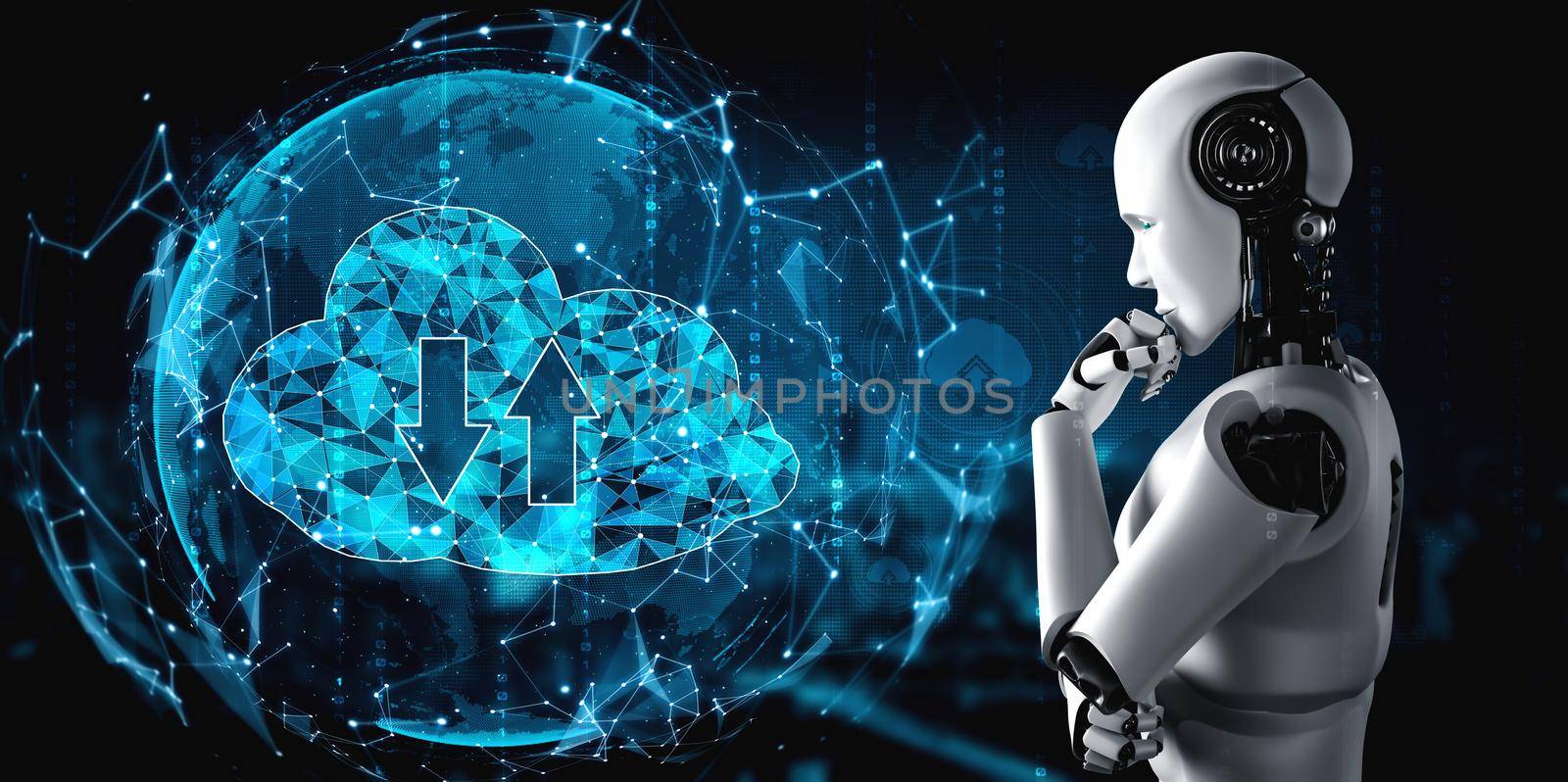 AI robot using cloud computing technology to store data on online server . Futuristic concept of cloud information storage analyzed by machine learning process . 3D rendering illustration .