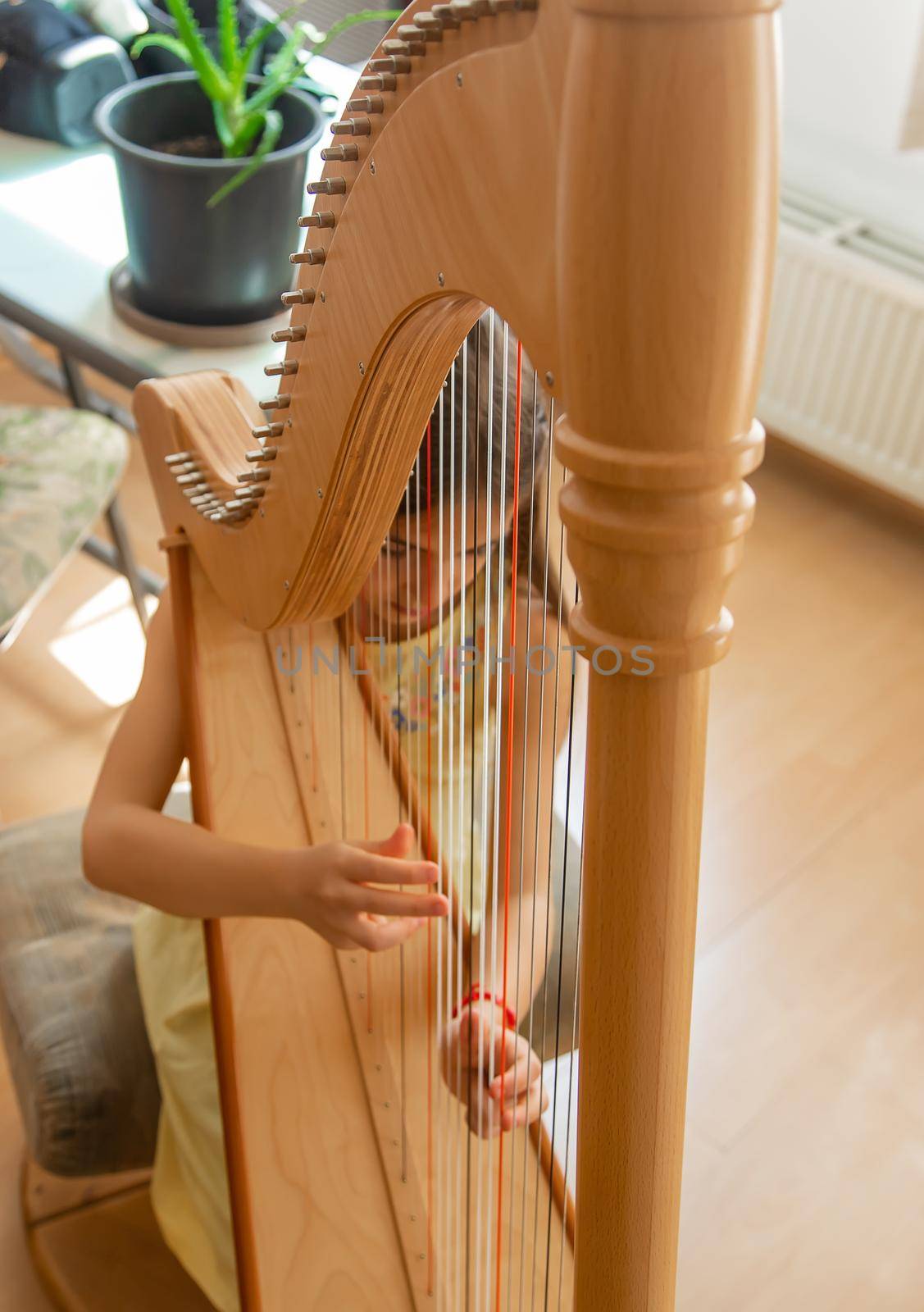 The child plays the harp. Selective focus. Kid.