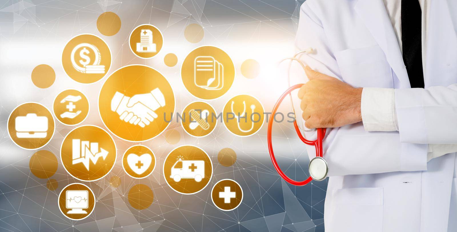 Health Insurance Concept - Doctor in hospital with health insurance related icon graphic interface showing healthcare people, money planning, risk management, medical treatment and coverage benefit.
