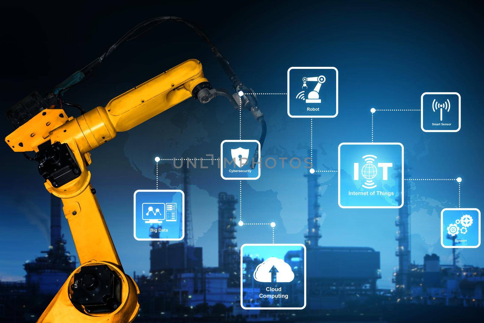Smart industry robot arms for digital factory production technology showing automation manufacturing process of the Industry 4.0 or 4th industrial revolution and IOT software to control operation .