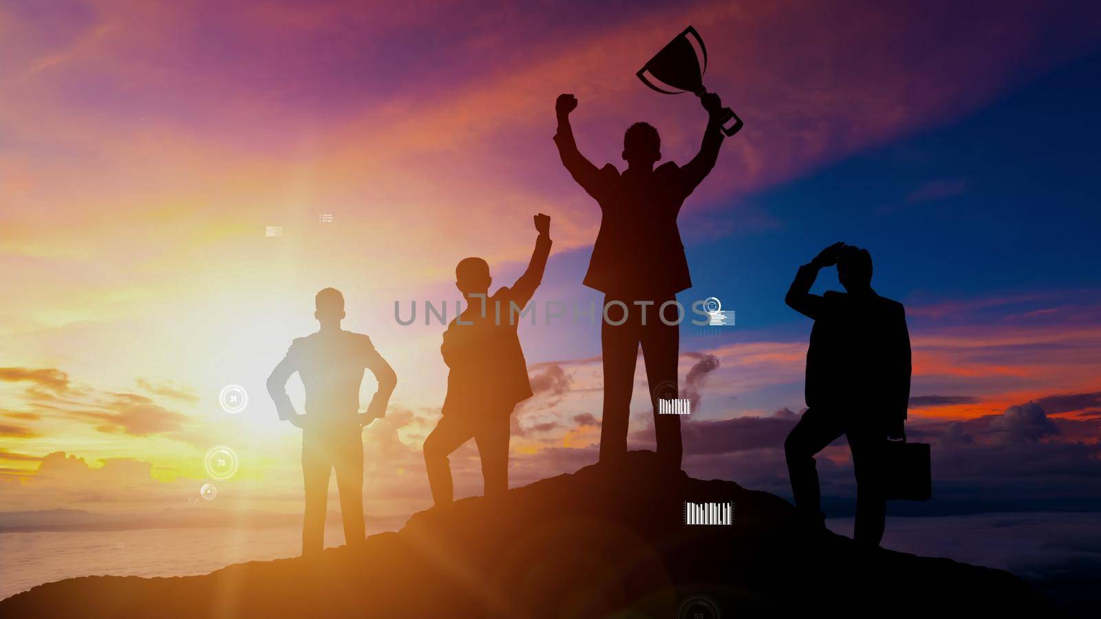 Achievement and Business Goal Success conceptual - Creative business people with icon graphic interface showing employee reward giving for business success achievement.