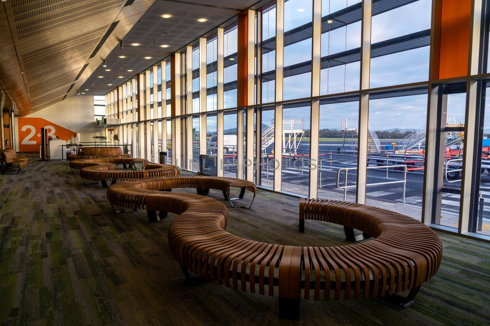 Hobart, Australia - Dec 10, 2018: Beautiful interior of terminal in Hobart airport in Tasmania, Australia. Hobart Airport is an airport located in Cambridge, 17 km (11 mi) northeast of Hobart.