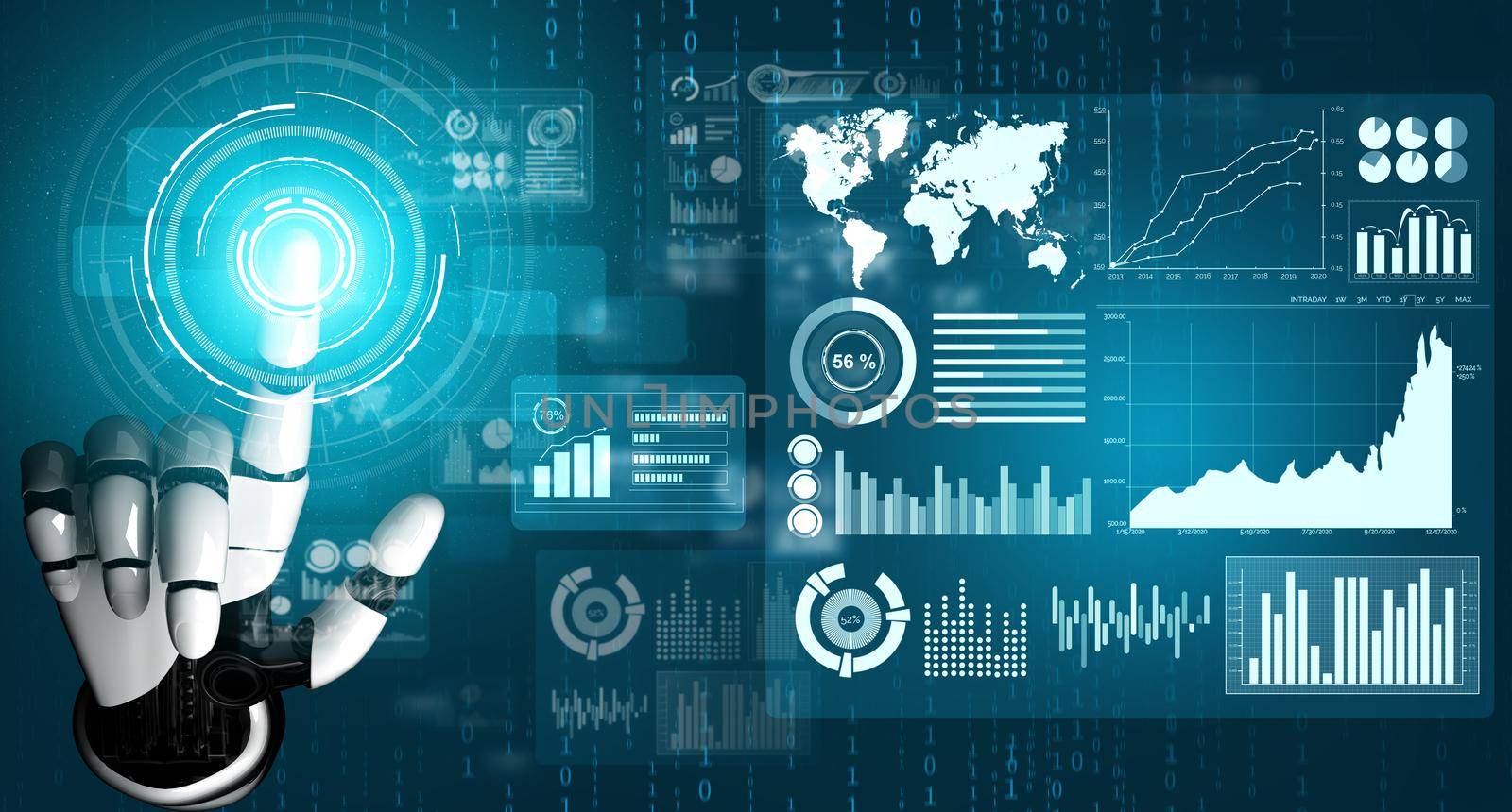 3D Rendering futuristic robot technology development, artificial intelligence AI, and machine learning concept. Global robotic bionic science research for future of human life.