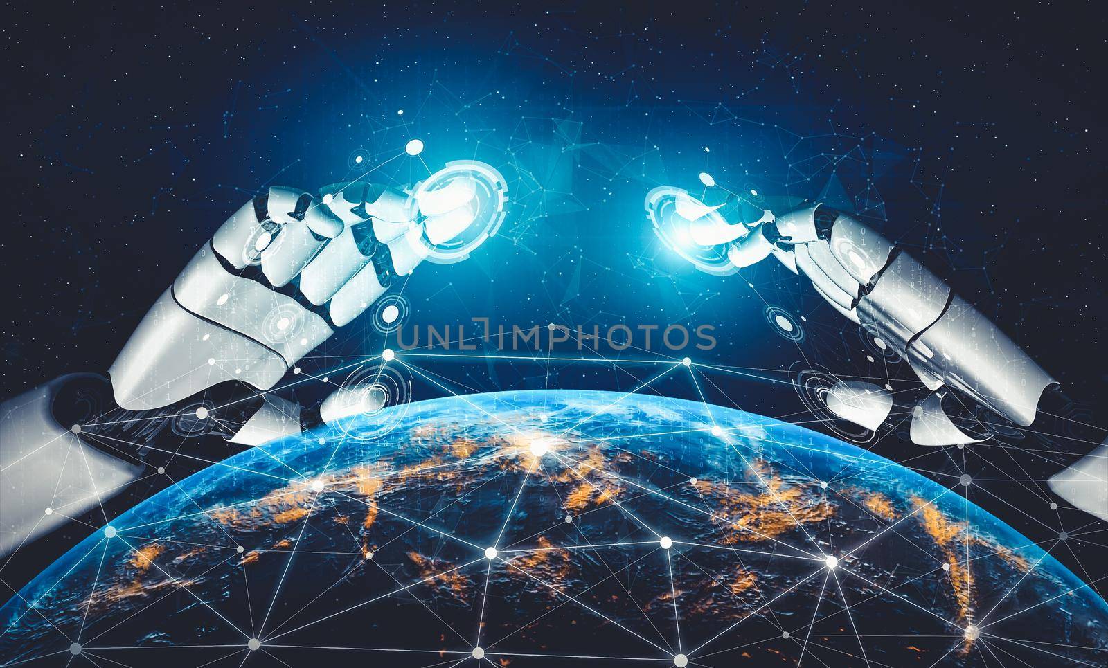 3D rendering artificial intelligence AI research of droid robot and cyborg development for future of people living. Digital data mining and machine learning technology design for computer brain.