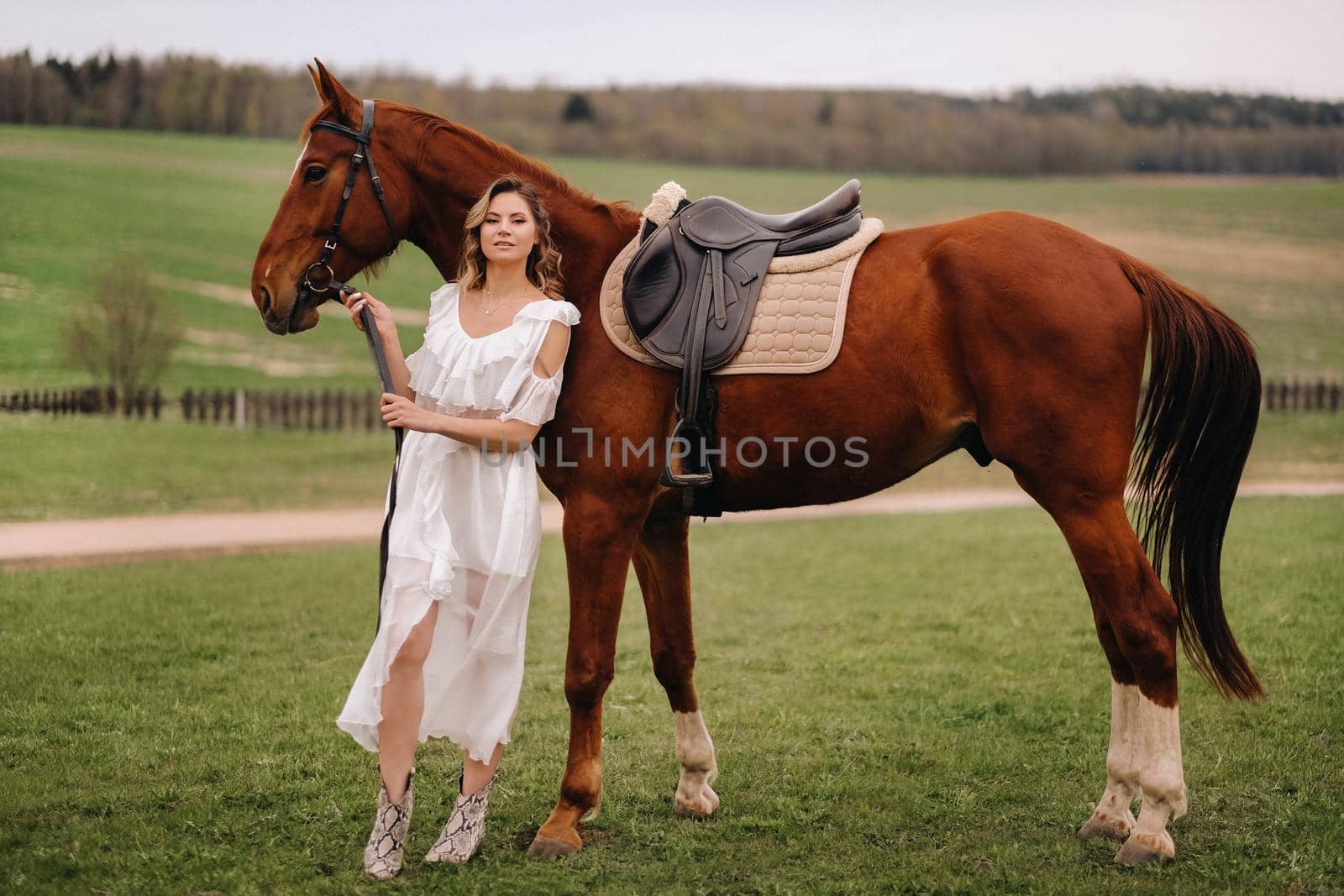 A girl in a white sundress stands next to a brown horse in a field in summer.