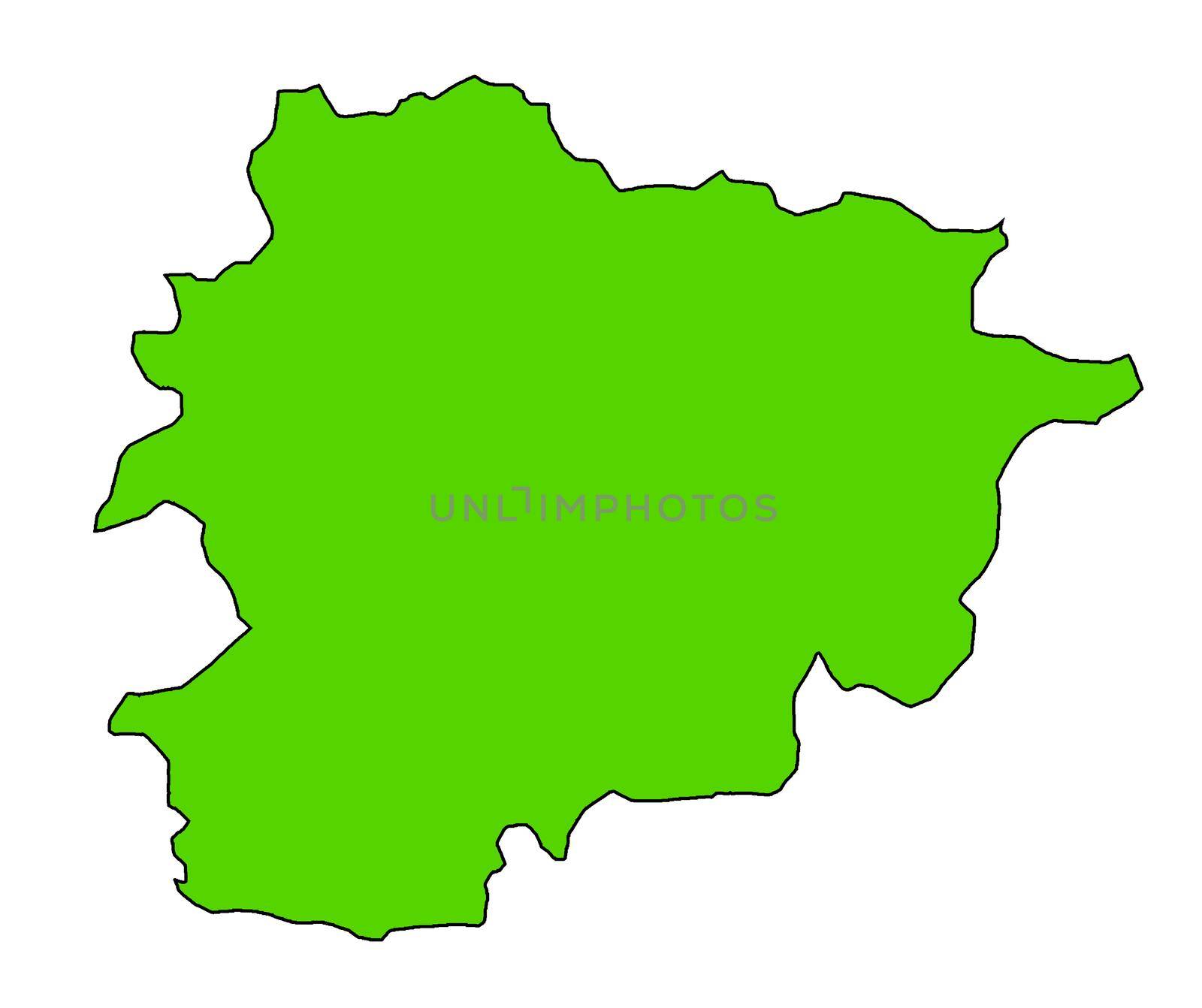Outline silhouette map of Andorra a European country in green and isolated on a white background