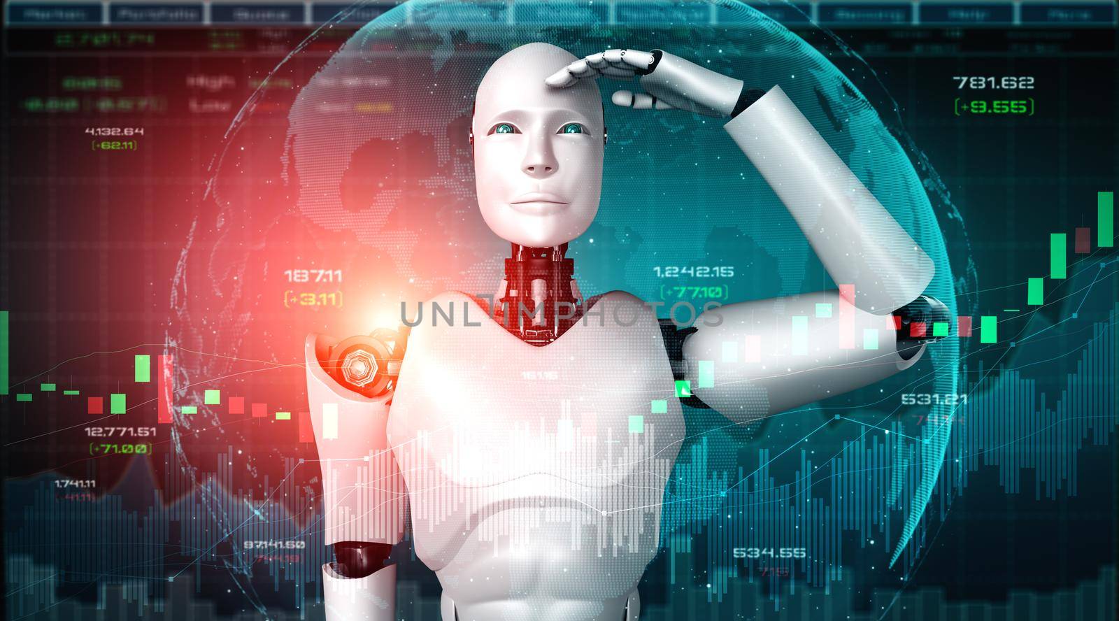 Future financial technology controlled by AI robot using machine learning and artificial intelligence to analyze business data and give advice on investment and trading decision . 3D illustration .
