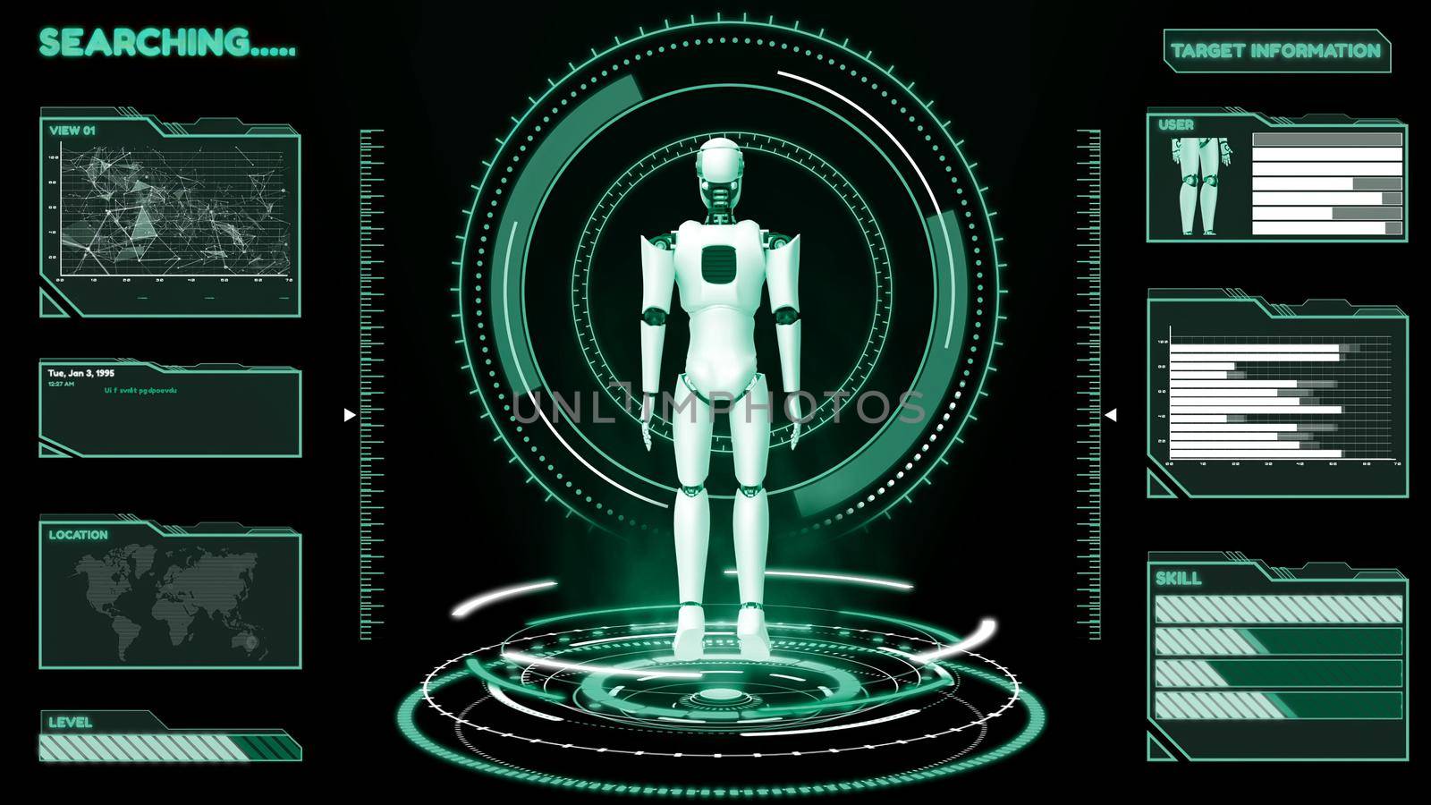 Futuristic robot, artificial intelligence CGI big data analytics and programming . Robotic man 3D render animation . 3D illustration .