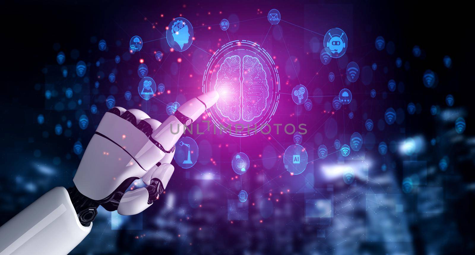 3D rendering artificial intelligence AI research of robot and cyborg development for future of people living. Digital data mining and machine learning technology design for computer brain.