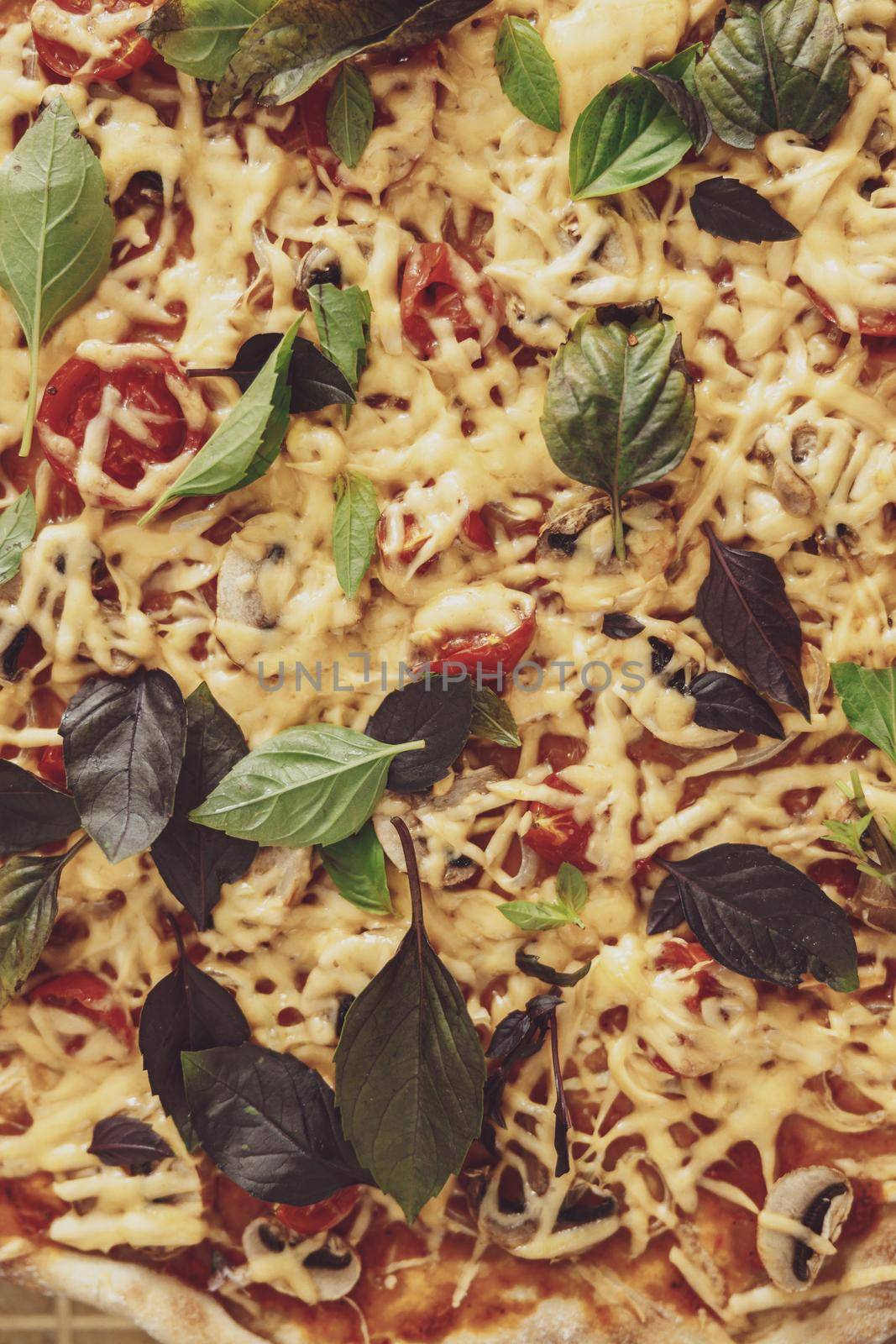 Closeup of delicious pizza with cheese, basil and tomato sauce by Yaroslav_astakhov