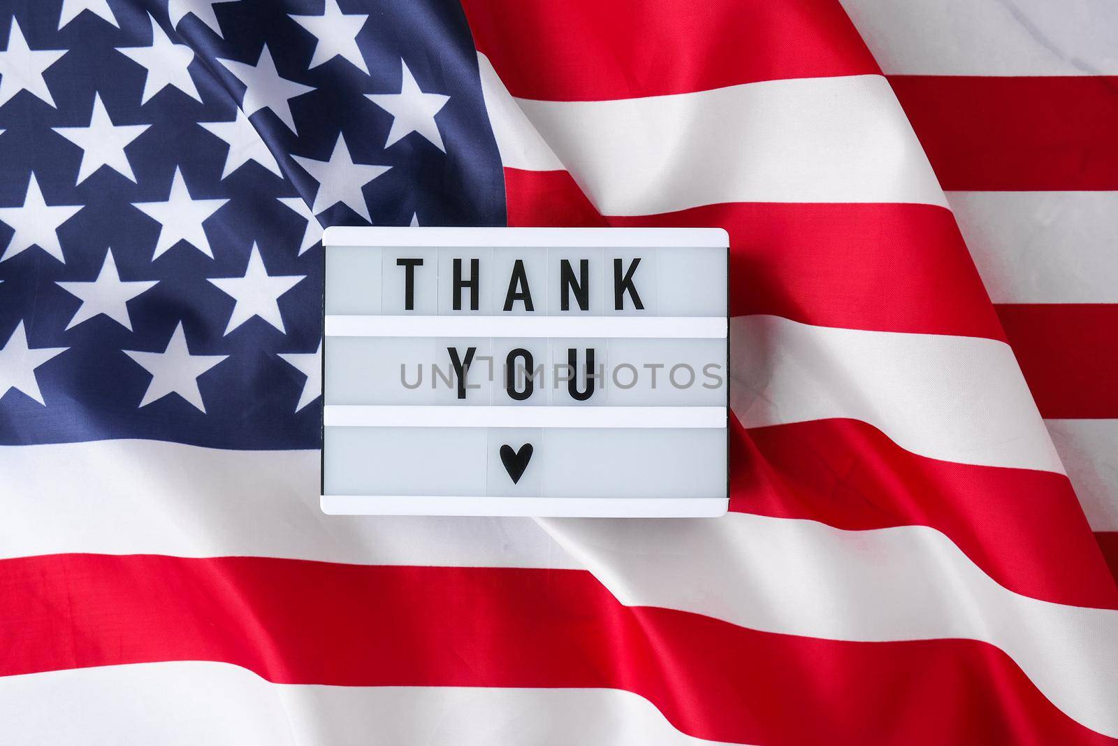 American flag. Lightbox with text THANK YOU Flag of the united states of America. July 4th Independence Day. USA patriotism national holiday. Usa proud. Freedom concept