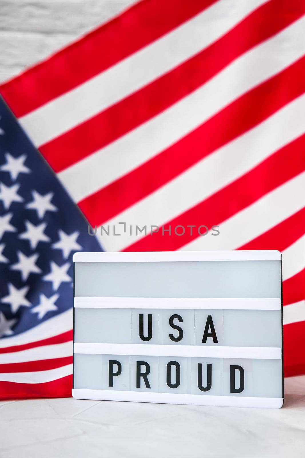 American flag. Lightbox with text USA PROUD Flag of the united states of America. July 4th Independence Day. USA patriotism national holiday. Usa proud. Freedom concept