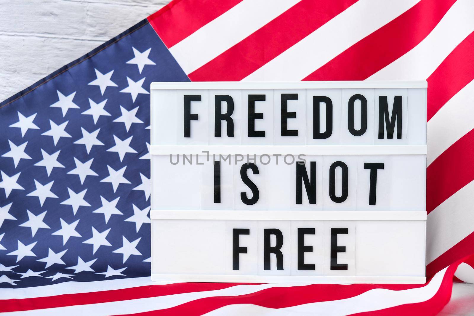 American flag. Lightbox with text FREEDOM IS NOT FREE Flag of the united states of America. July 4th Independence Day. USA patriotism national holiday. Usa proud. by anna_stasiia